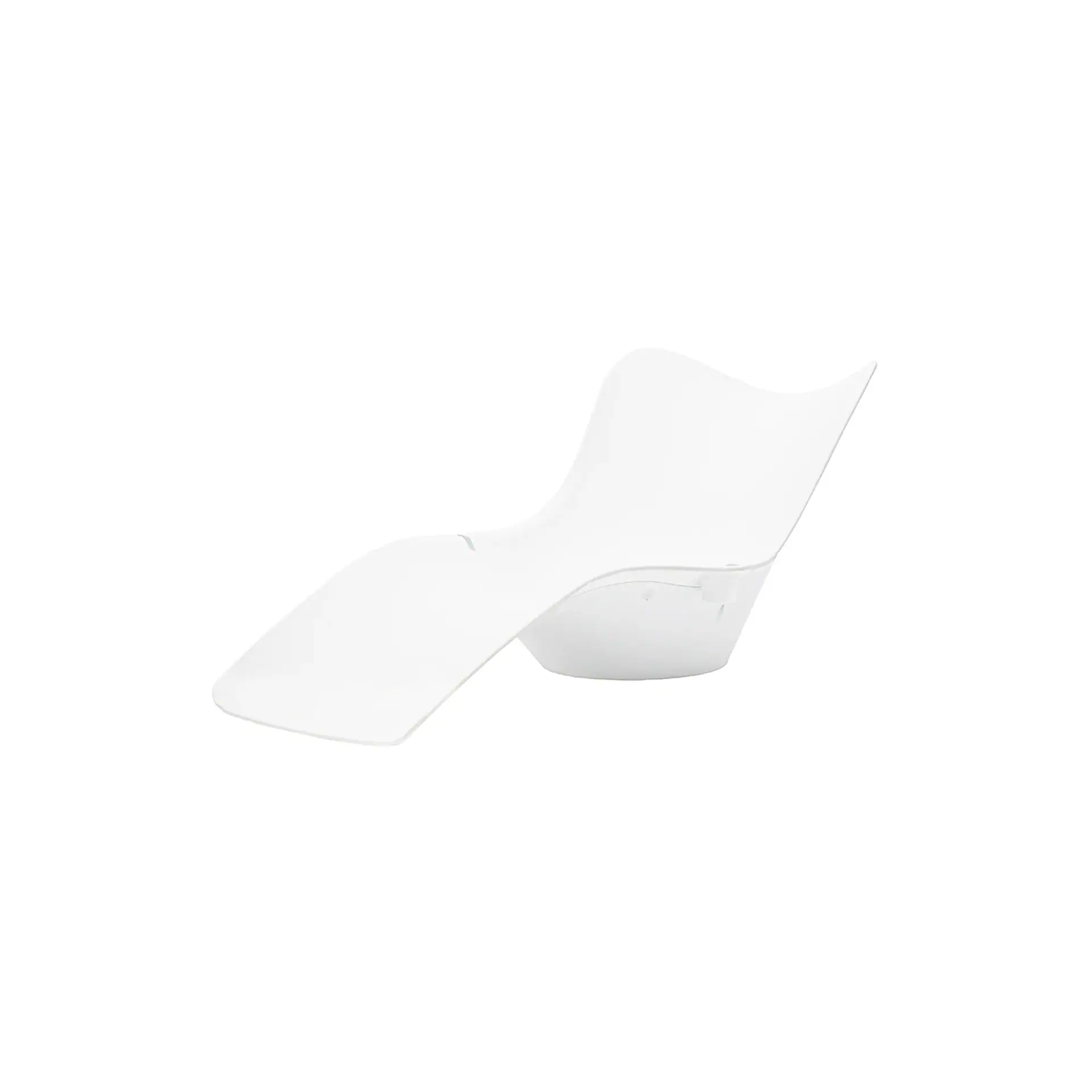 A white, modern, curved chaise lounge chair on a white background.