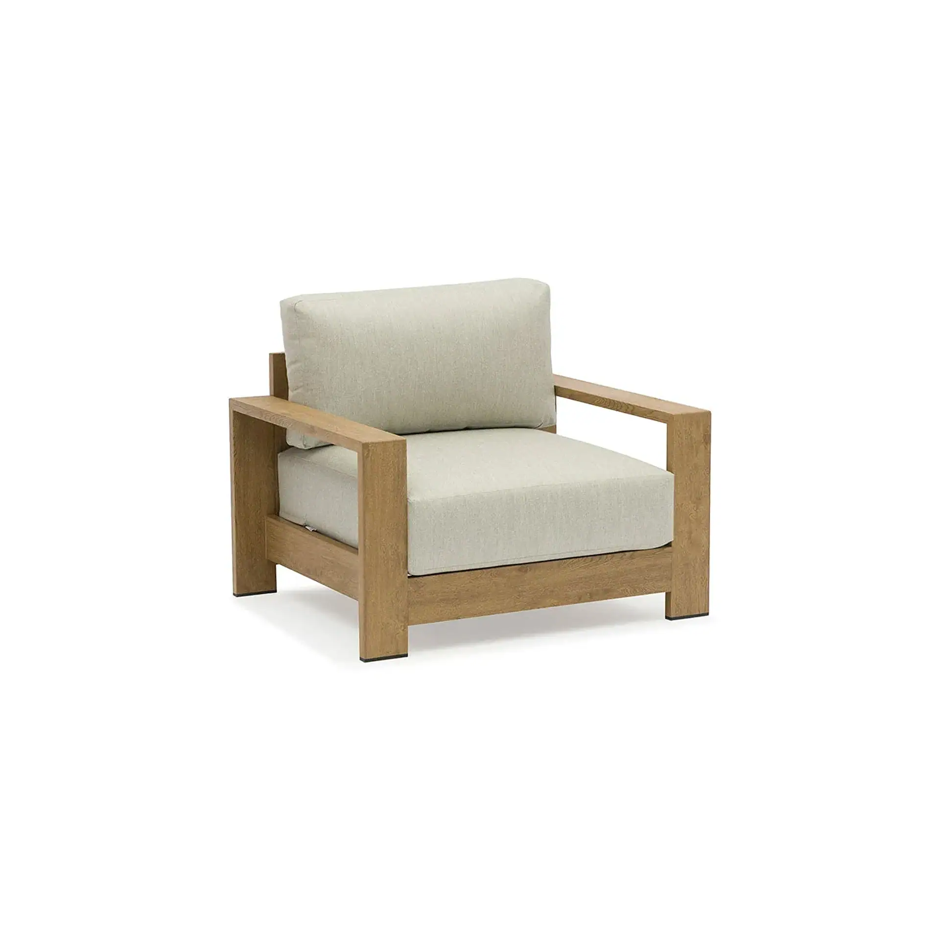 A modern armchair with a light brown wooden frame and light beige cushions on a white background.