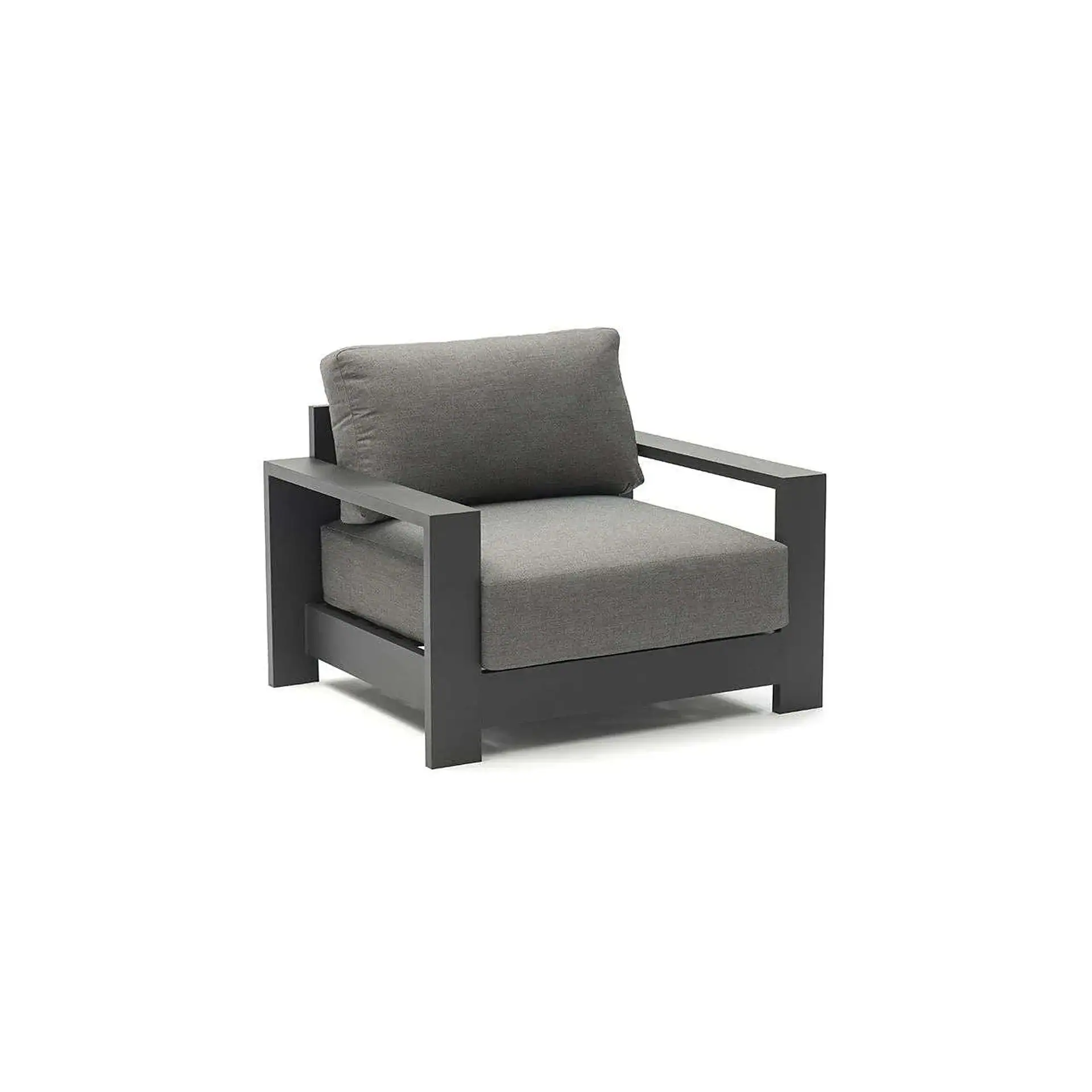 A modern armchair with a dark grey frame and light grey cushions on a white background.