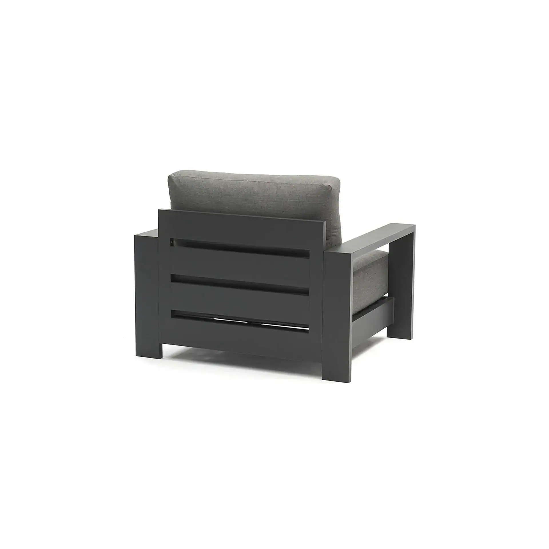 Dark gray modern armchair with light gray fabric cushions, viewed from the back-right, on a white background.