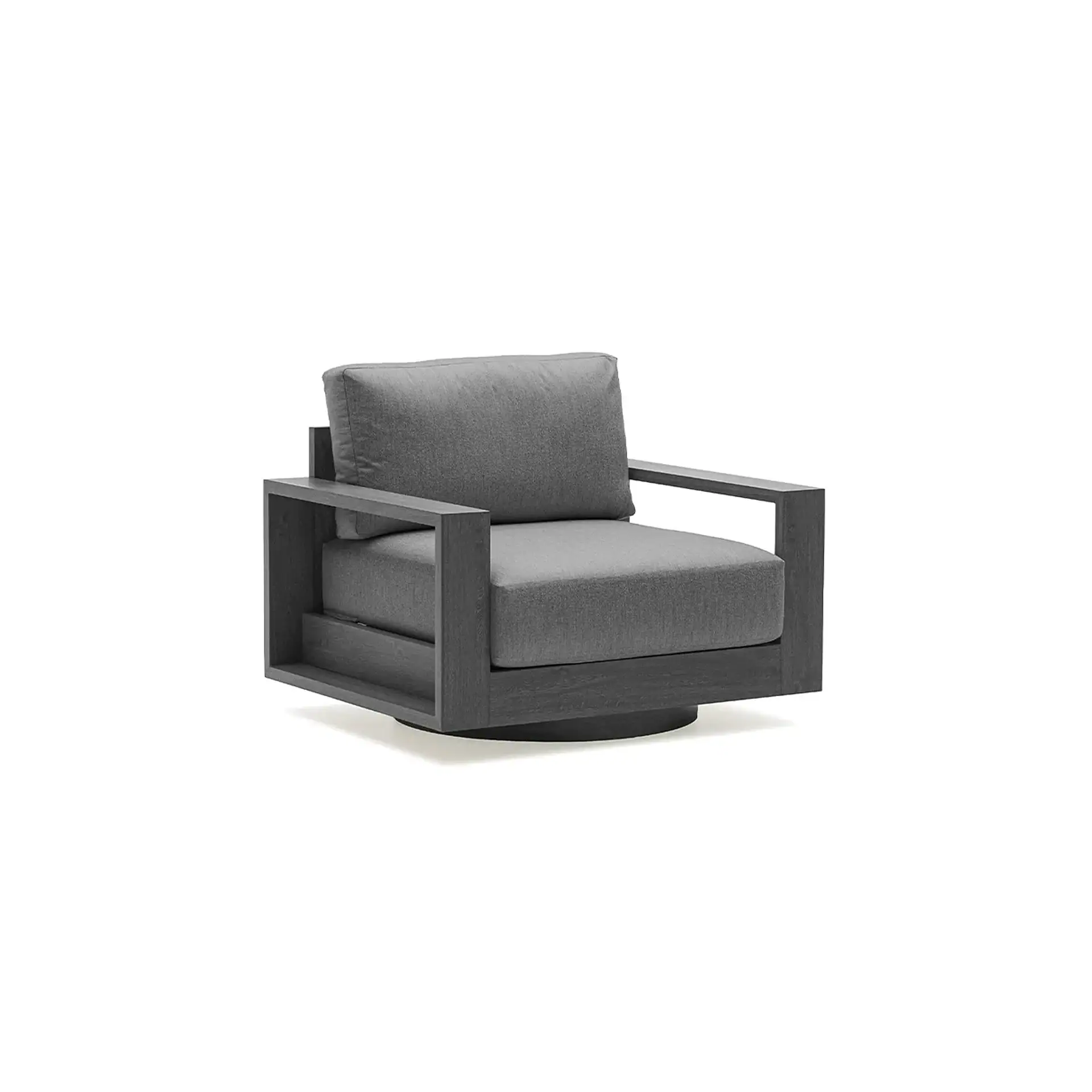 A modern charcoal gray armchair with light gray fabric cushions and a swivel base, set against a white background.