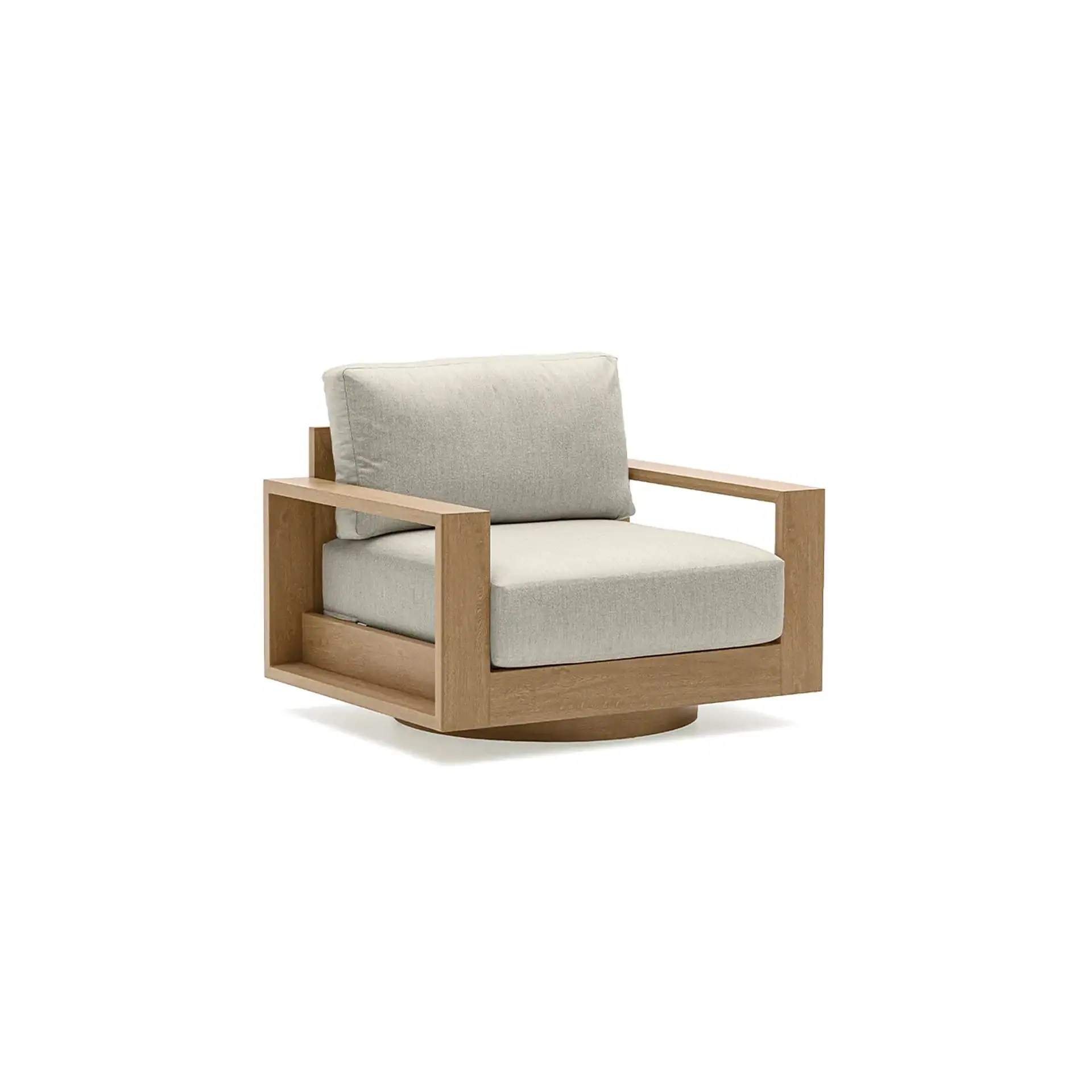Modern armchair with light brown wooden frame, light beige cushions, and a swivel base, on a white background.