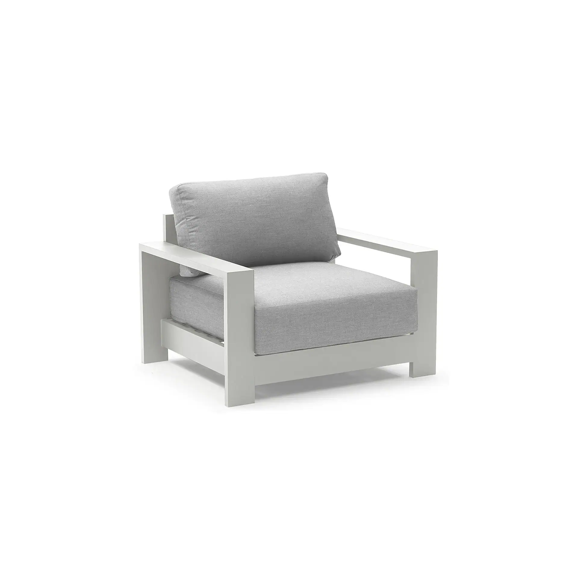 A modern light gray armchair with a blocky frame and light gray fabric cushions on a white background.