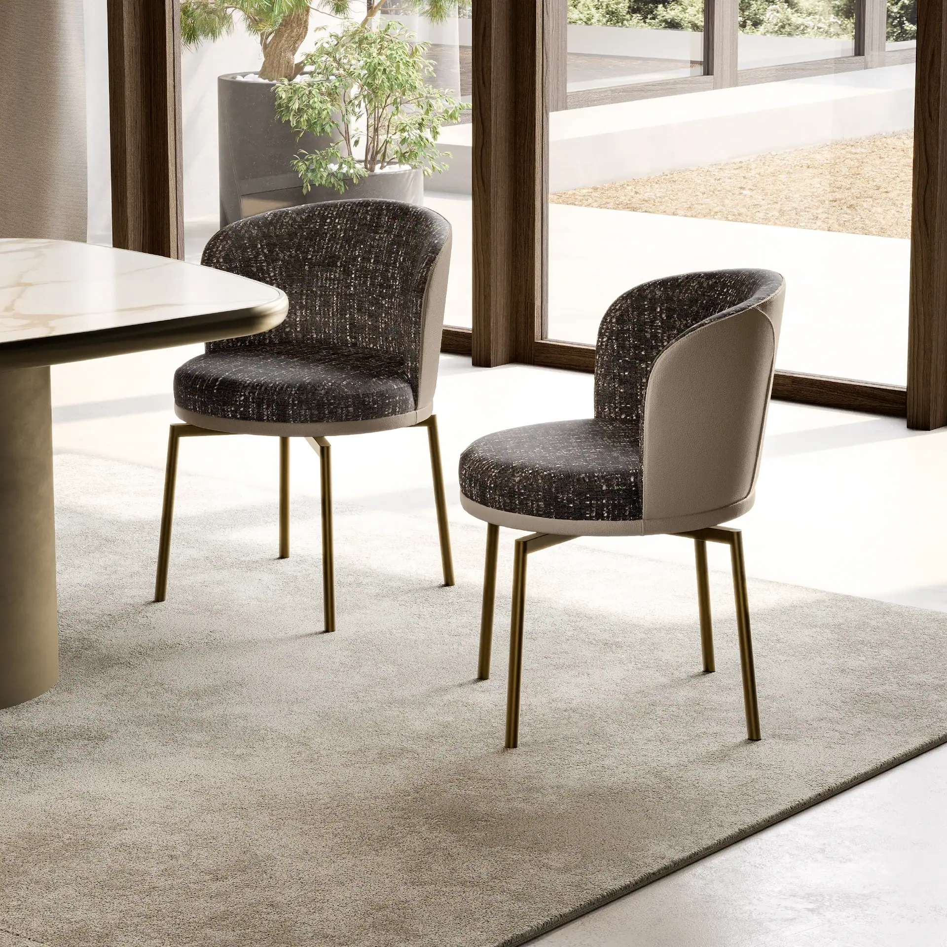 Sklar Furnishings Ginger Dining Chair with dark fabric and light base in dining room.