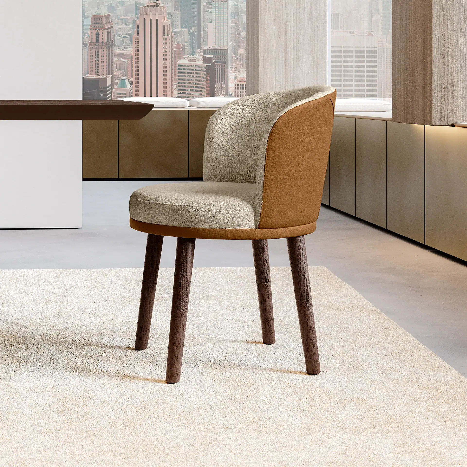 Ginger Dining Chair with beige and brown upholstery in a modern room.