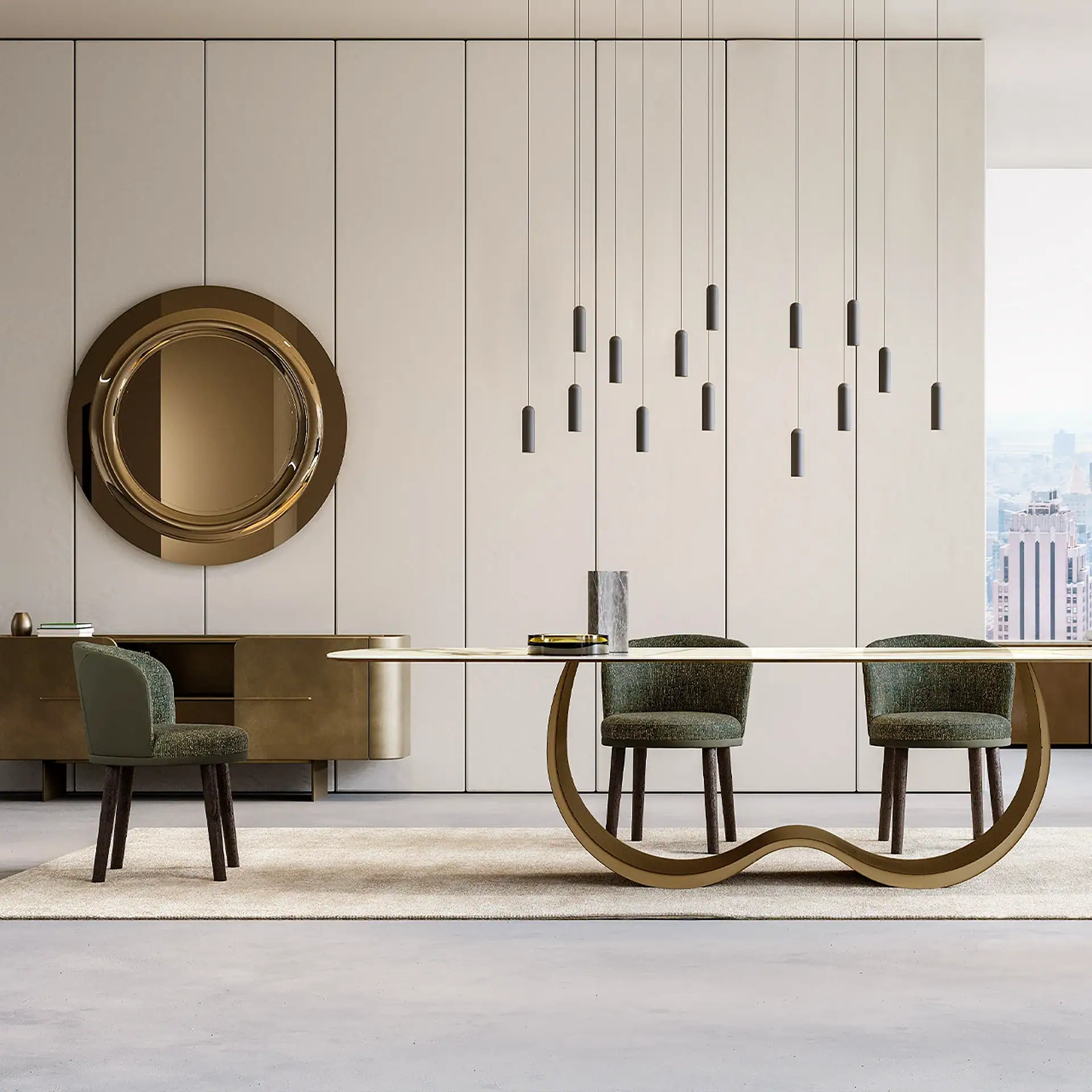 Contemporary dining room with Sklar Furnishings table and chairs, city view in background.