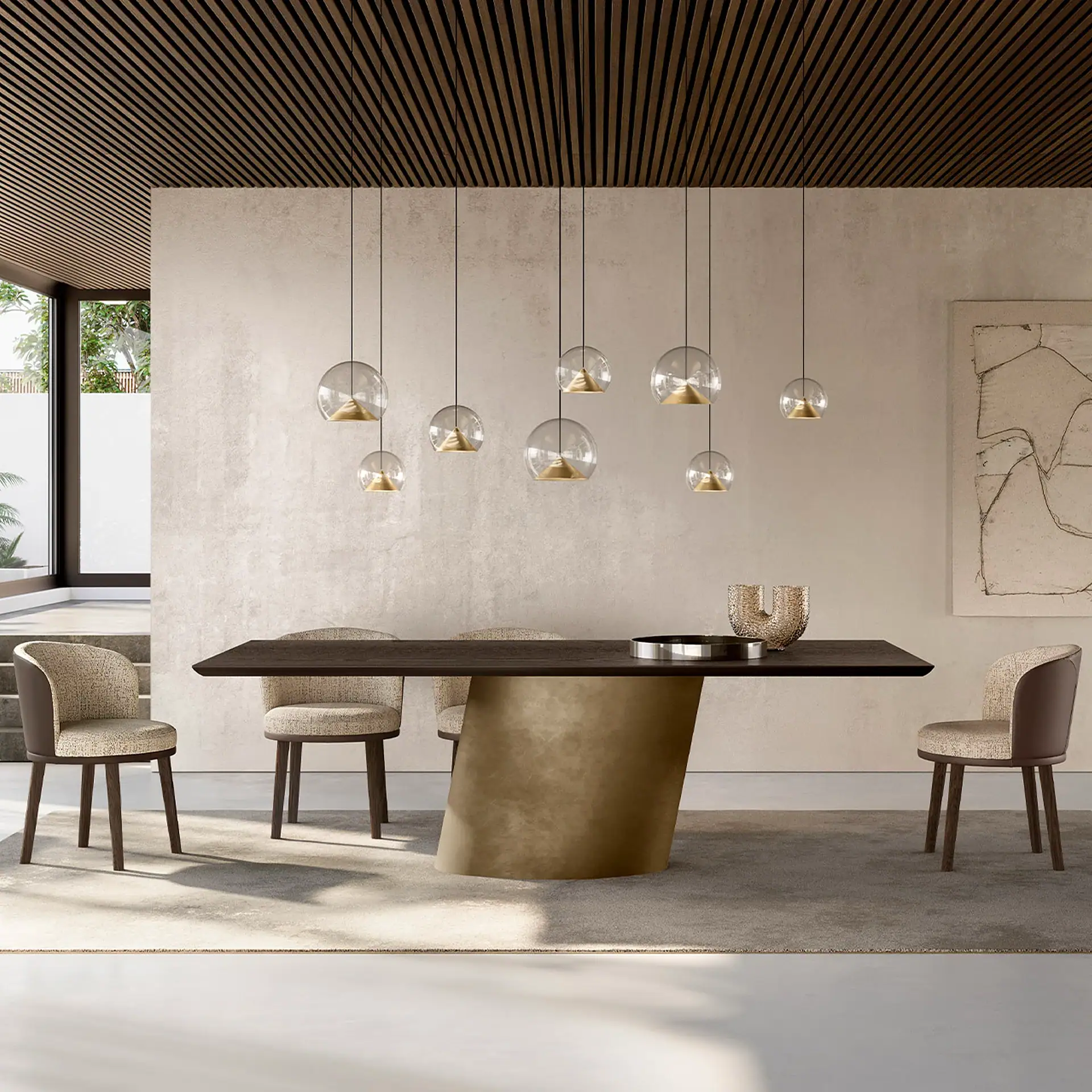 Contemporary dining room with pendant lights and a dark wood table.