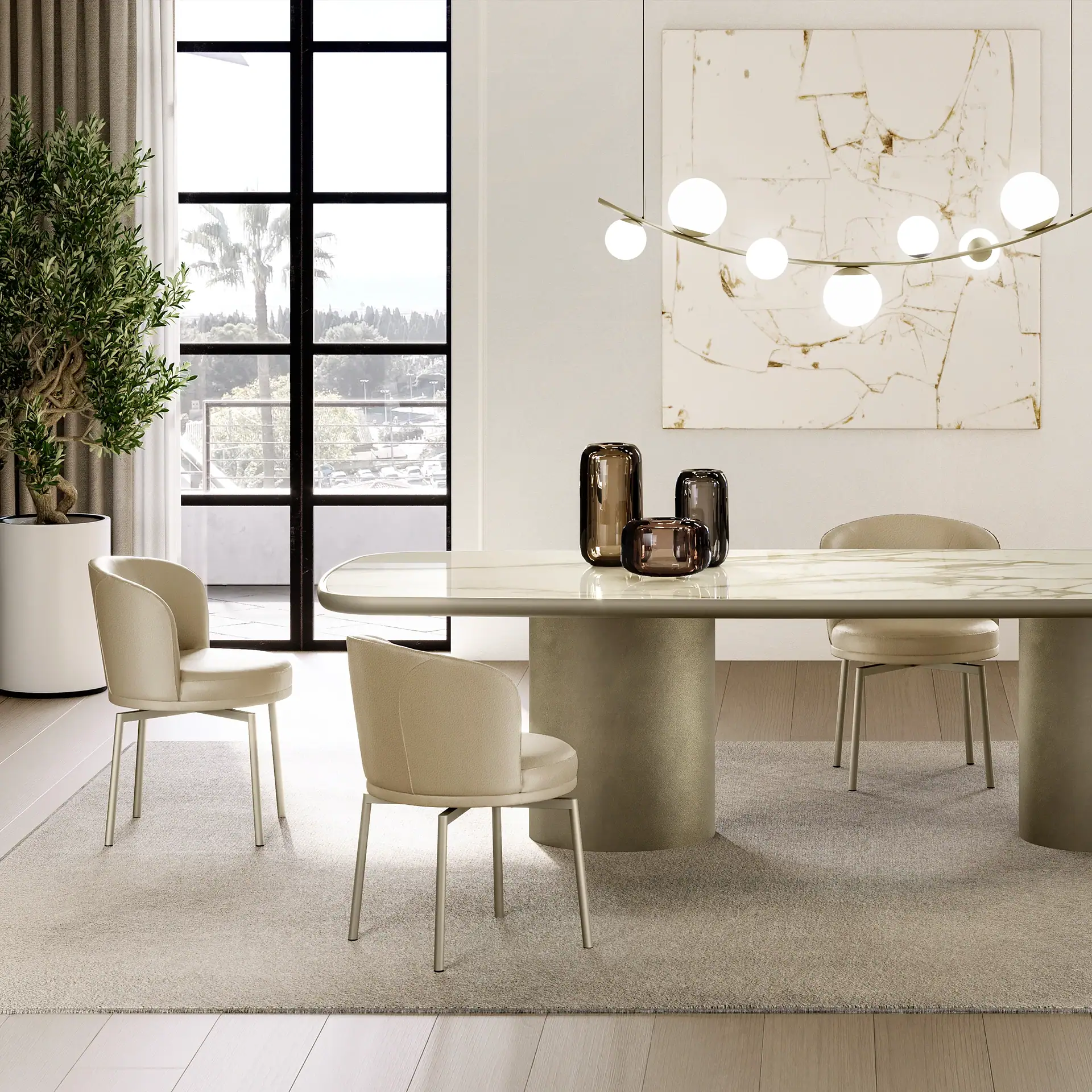 Ginger Dining Chair set in a modern dining room with large window and minimalist decor.