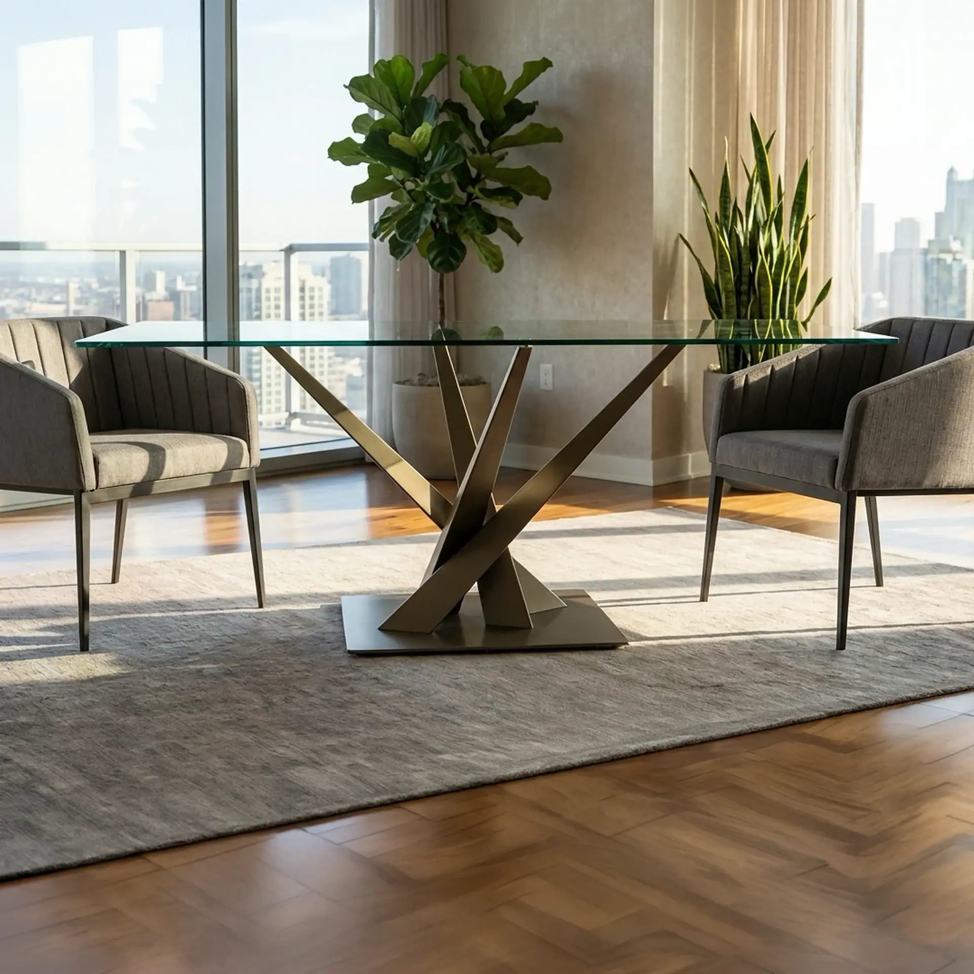 A modern dining room with a glass-top table, gray chairs, and potted plants, overlooking a city skyline through large windows.