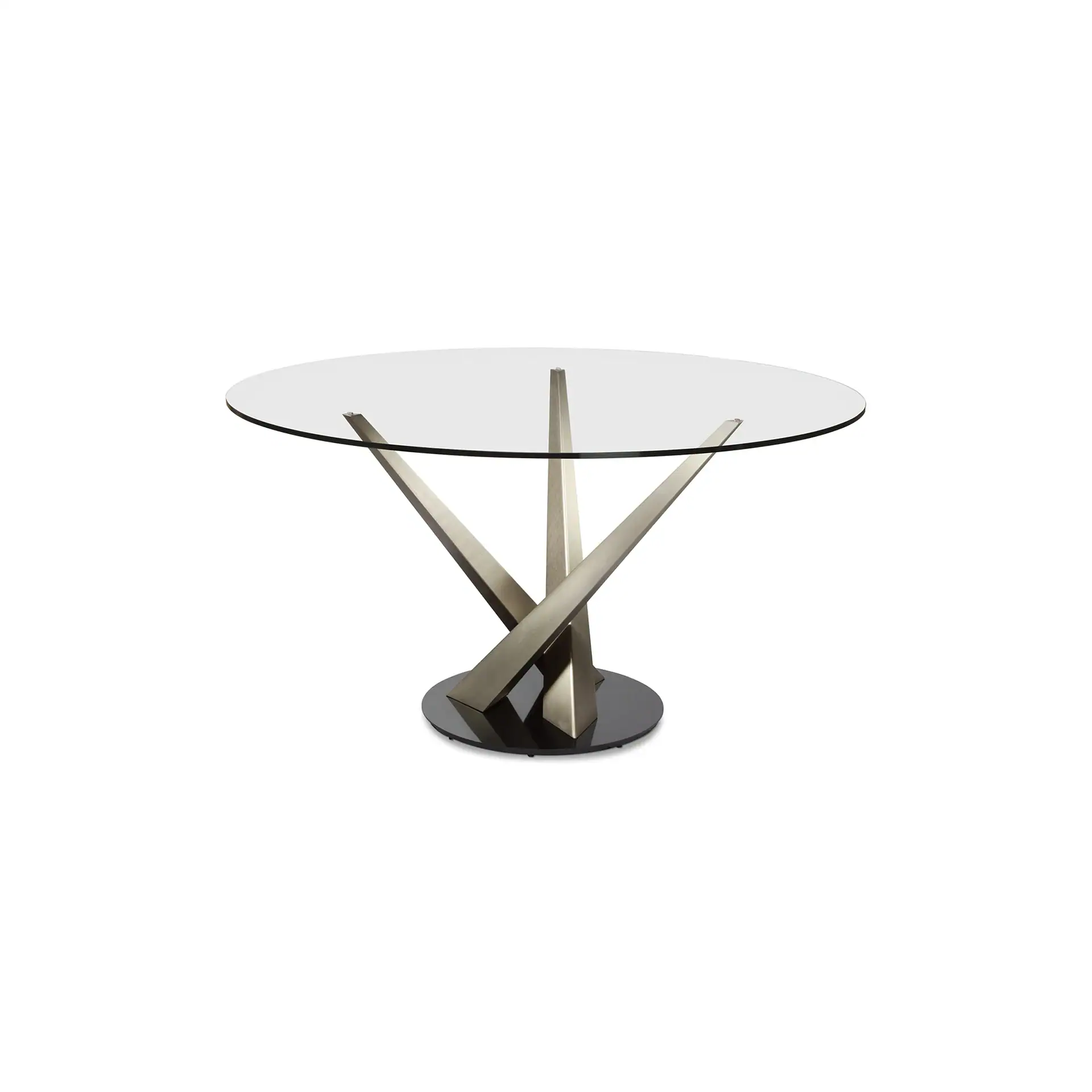 A round glass table with a brushed metallic, twisted base and a dark circular base plate on a white background.