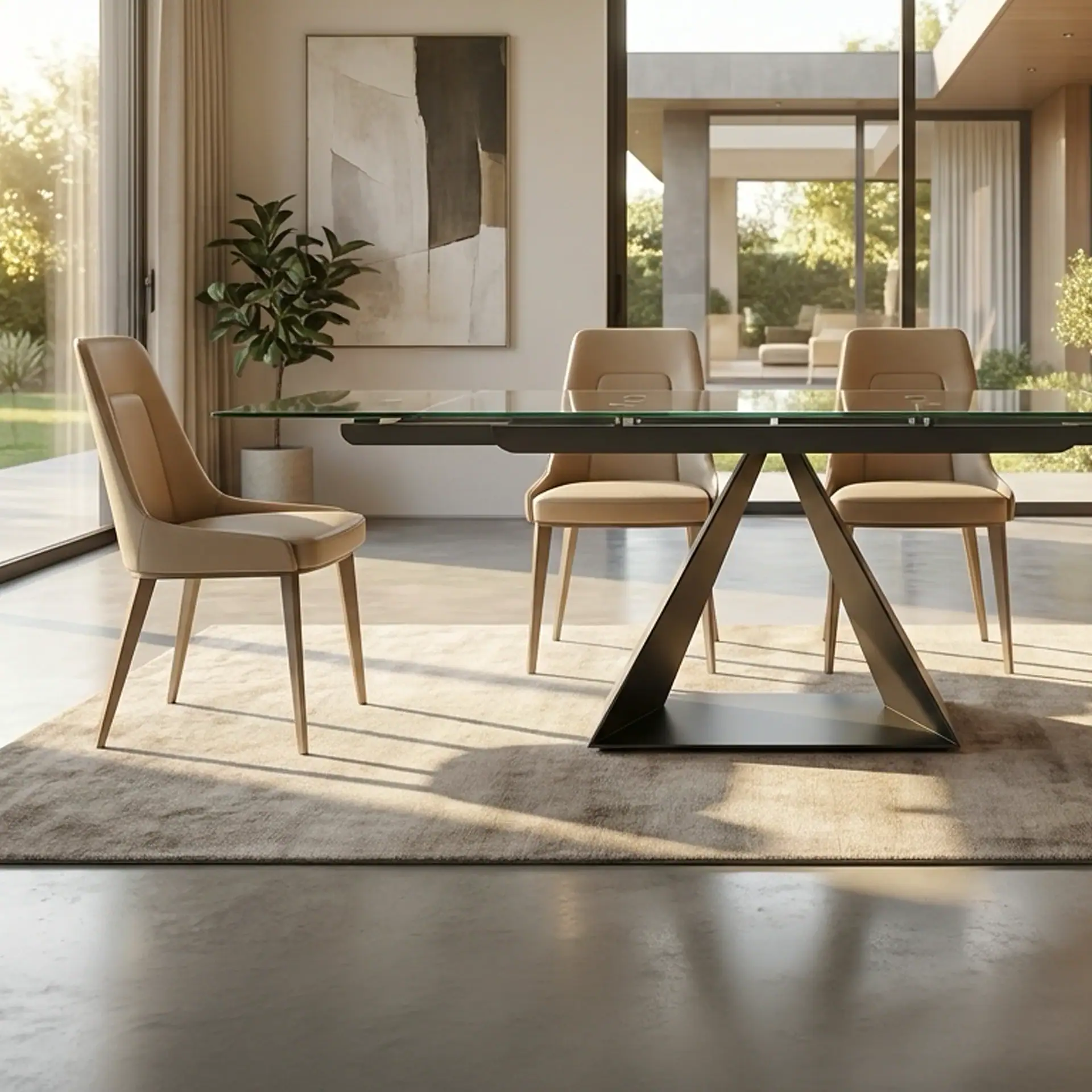 A modern dining room with a glass-top table, beige chairs, a light rug, and large windows overlooking a green garden.