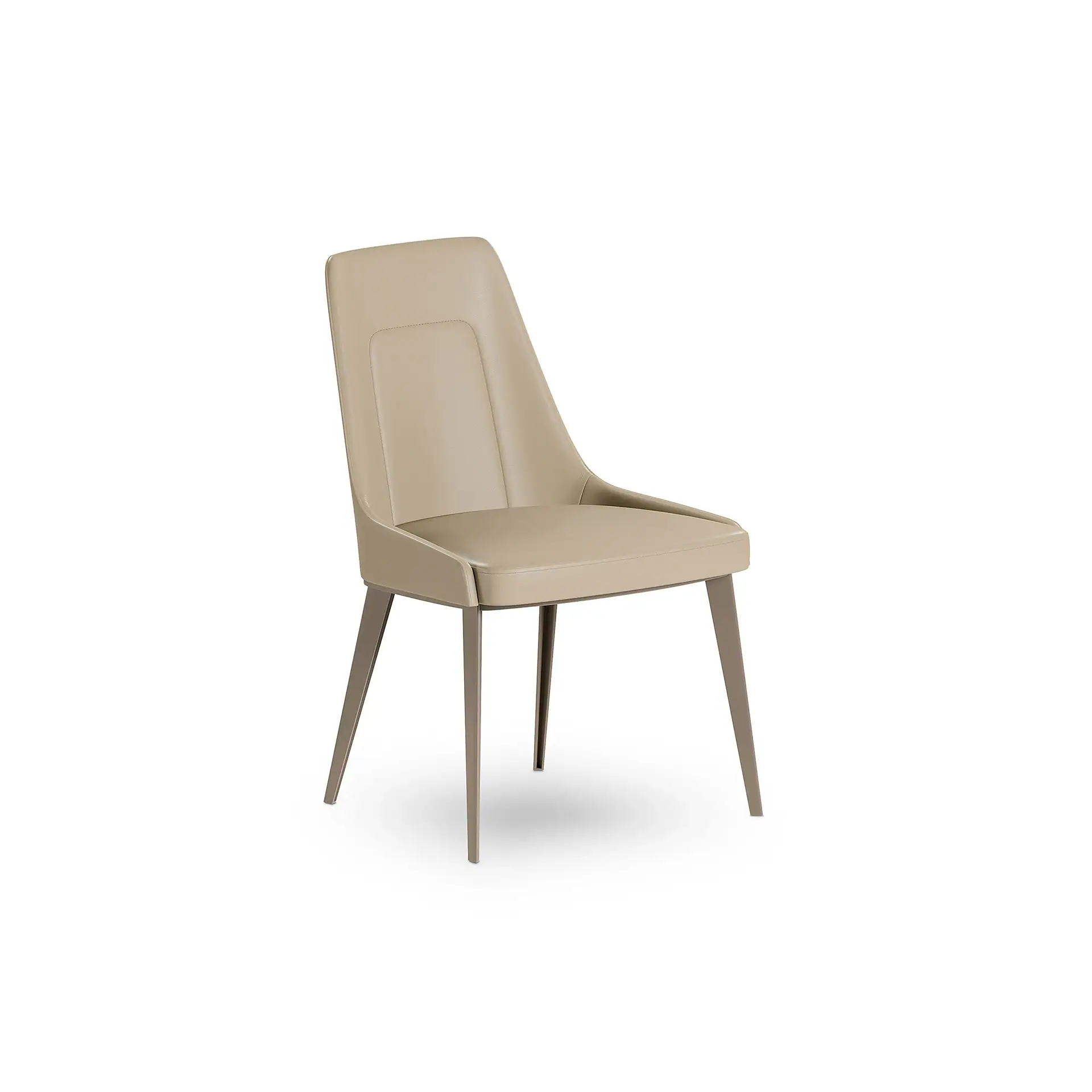 A modern beige upholstered dining chair with a high back and slender metal legs, set against a white background.
