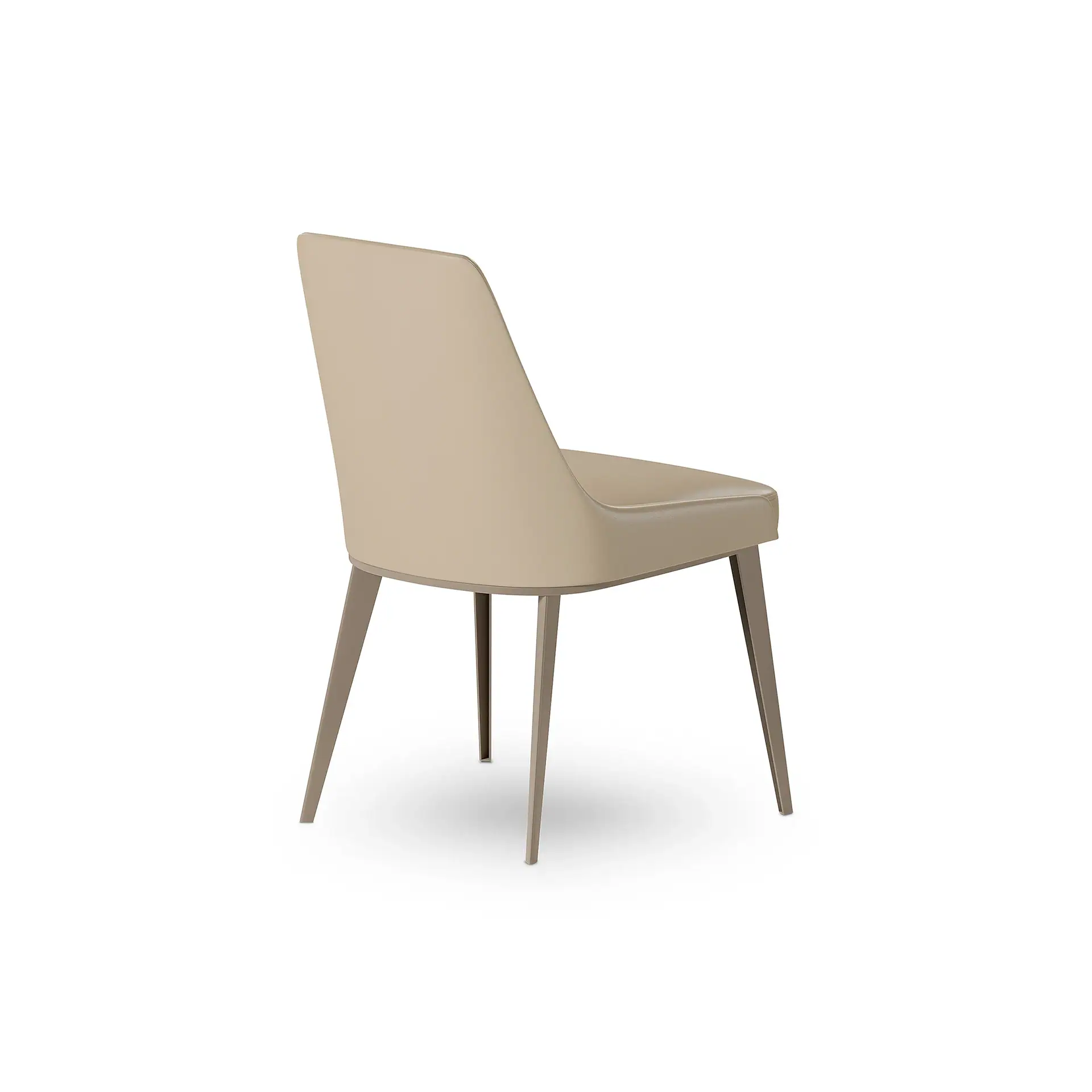 A modern beige dining chair with slender legs, viewed from a three-quarter rear angle on a white background.
