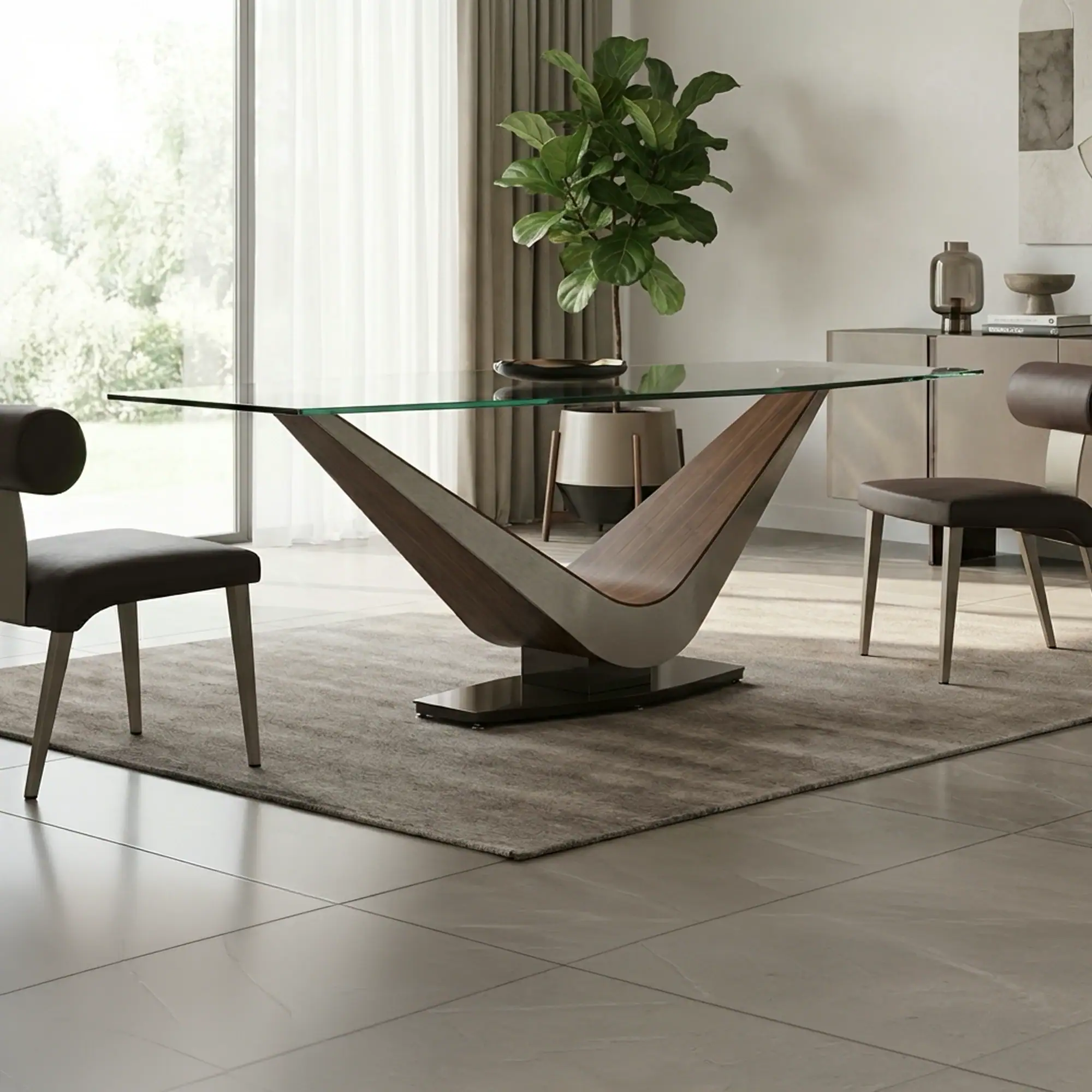 A modern dining room with a glass-top table, V-shaped wooden base, two brown upholstered chairs, a gray rug, and a large window with a plant.