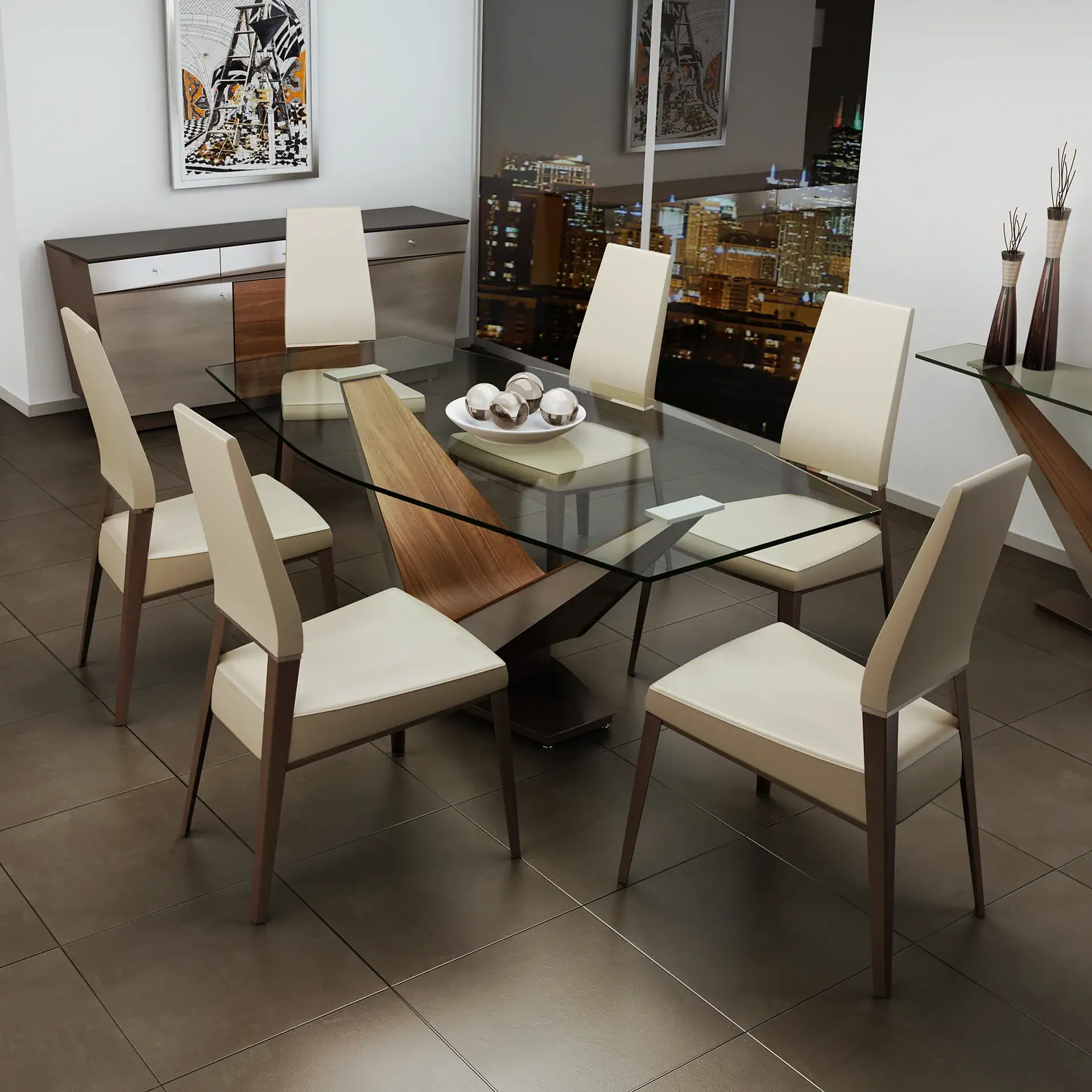 A modern dining room with a glass table, six cream chairs, and a city view at night.