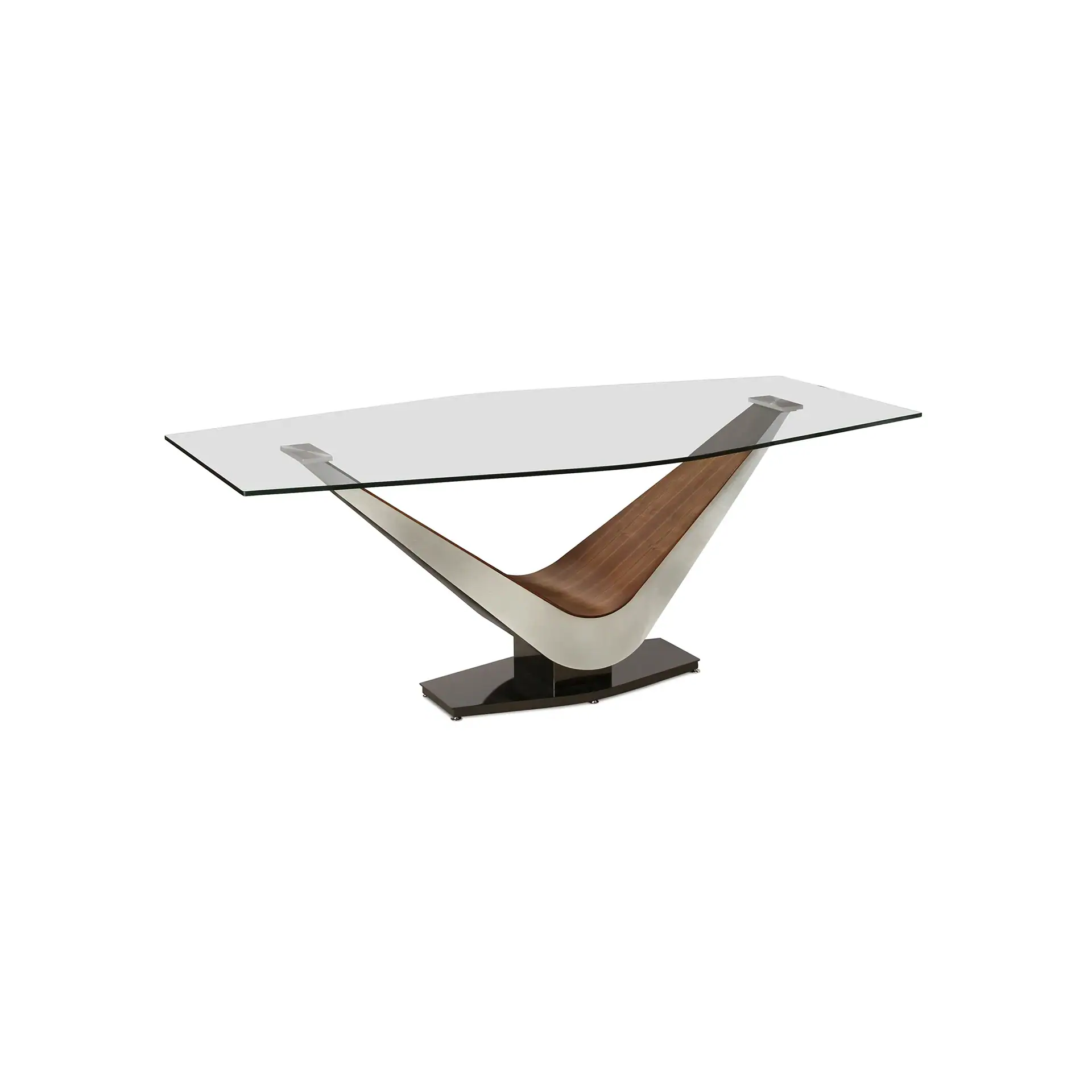A modern dining table with a rectangular glass top and a V-shaped base made of wood and silver-toned metal, on a white background.
