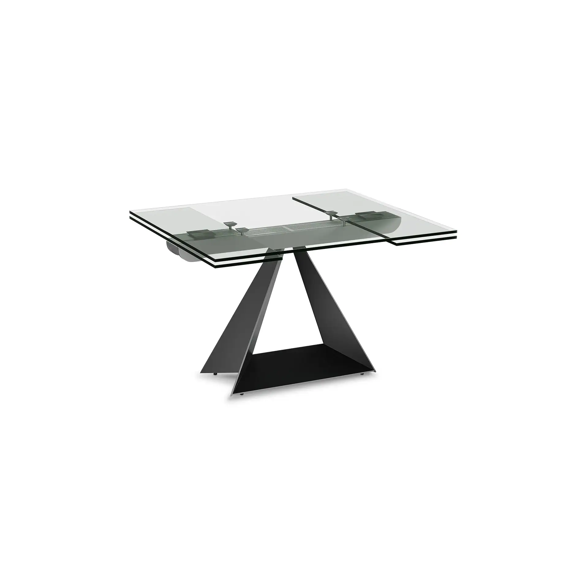 A modern glass-top table with an extendable clear glass surface and a dark grey geometric metal base, set against a white background.