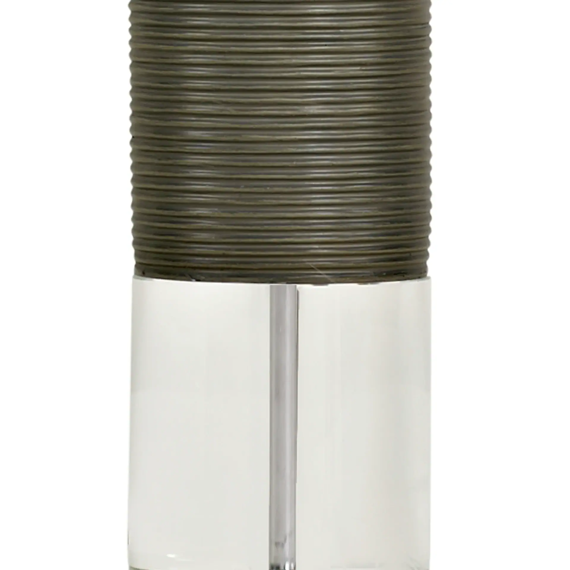Cylindrical object with a textured olive-green top and a clear base containing a silver rod.