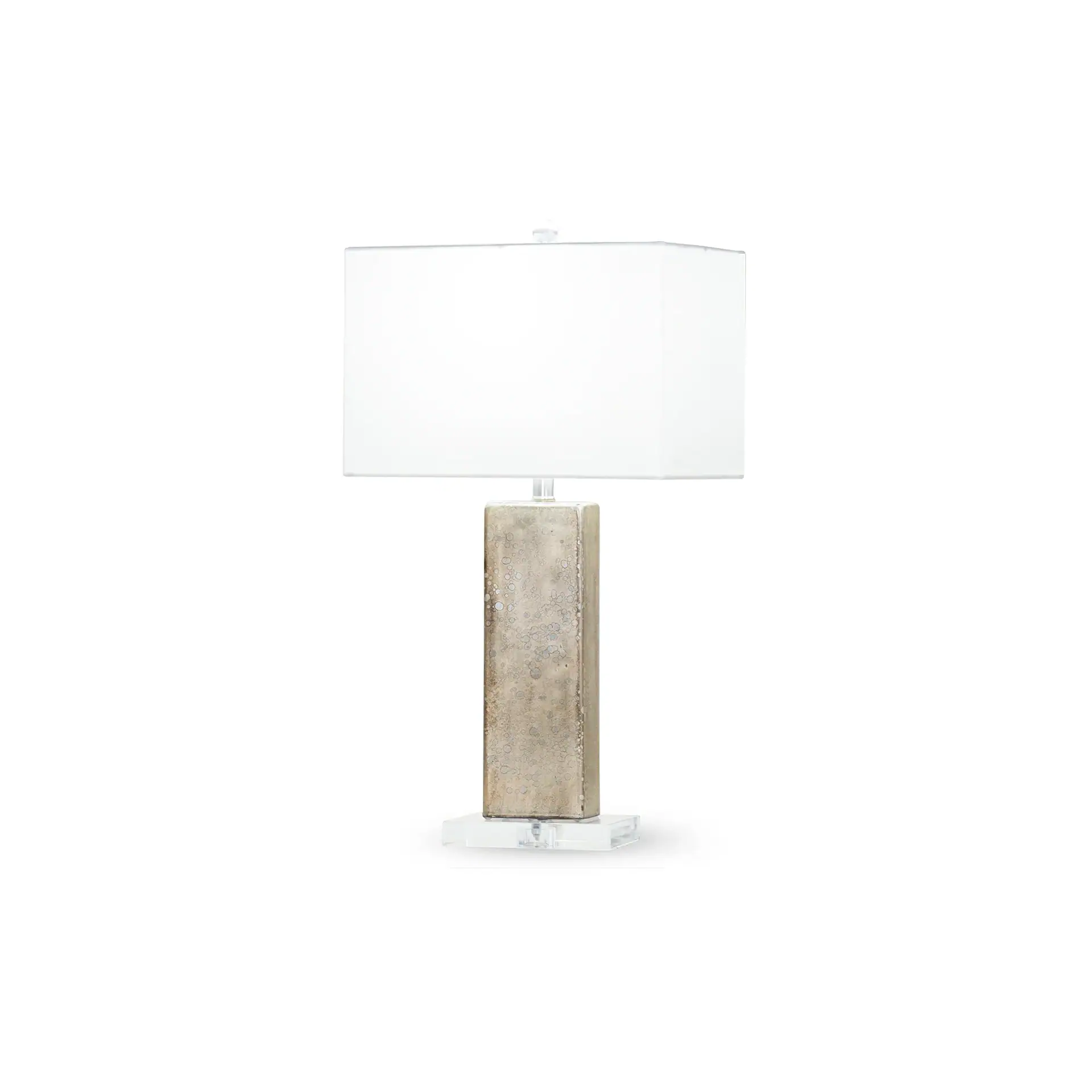 Rectangular table lamp with a textured silver-gold base and a white fabric shade, on a clear acrylic base.