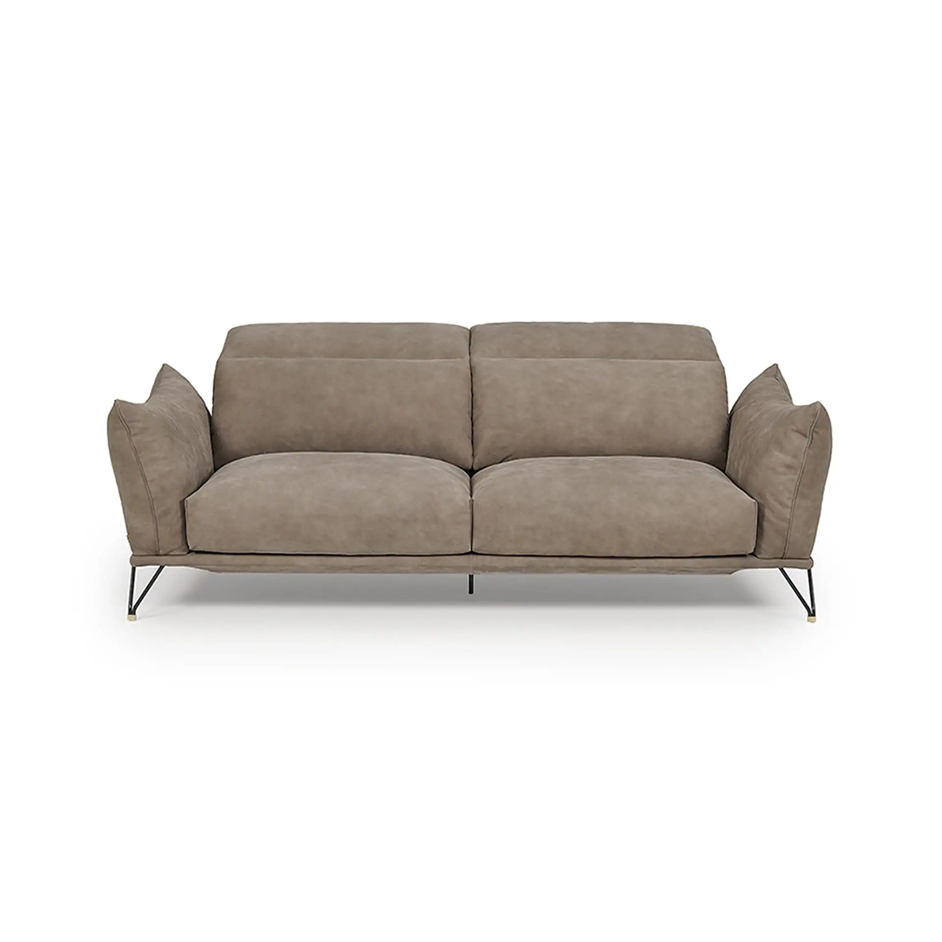 A modern two-seater sofa with light brown upholstery and black metal legs on a white background.