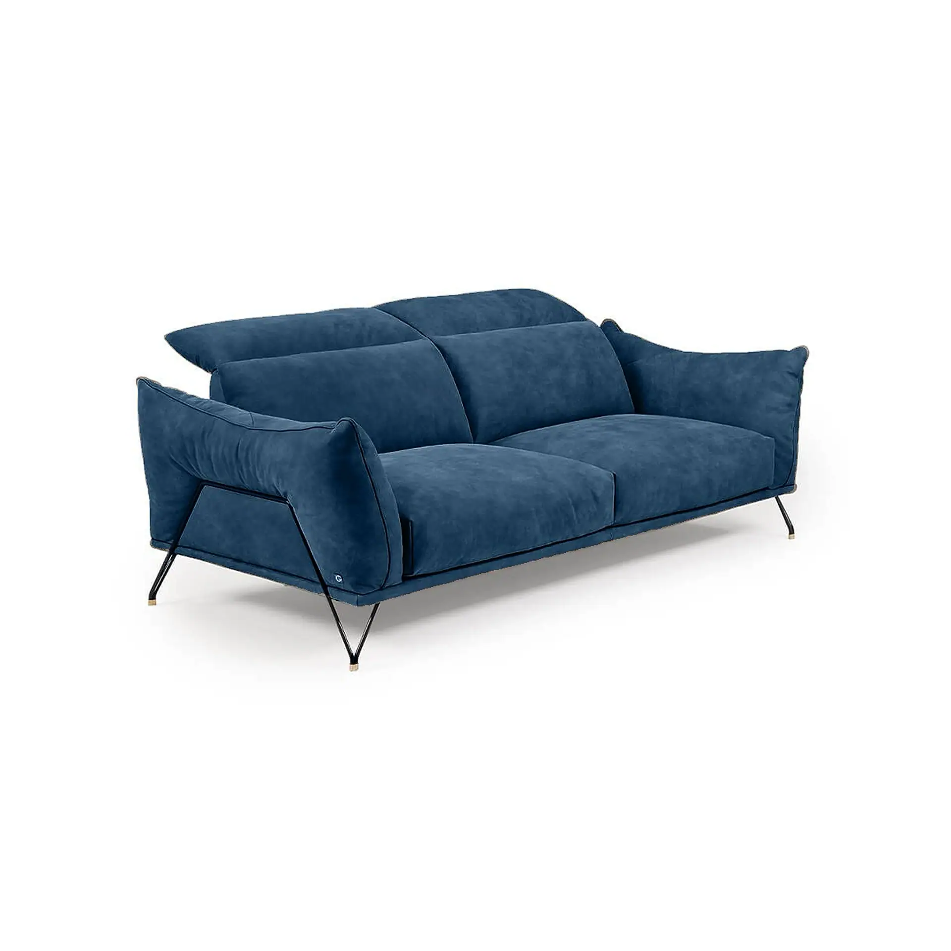 A deep blue two-seater sofa with a modern design and black metal legs, set against a white background.