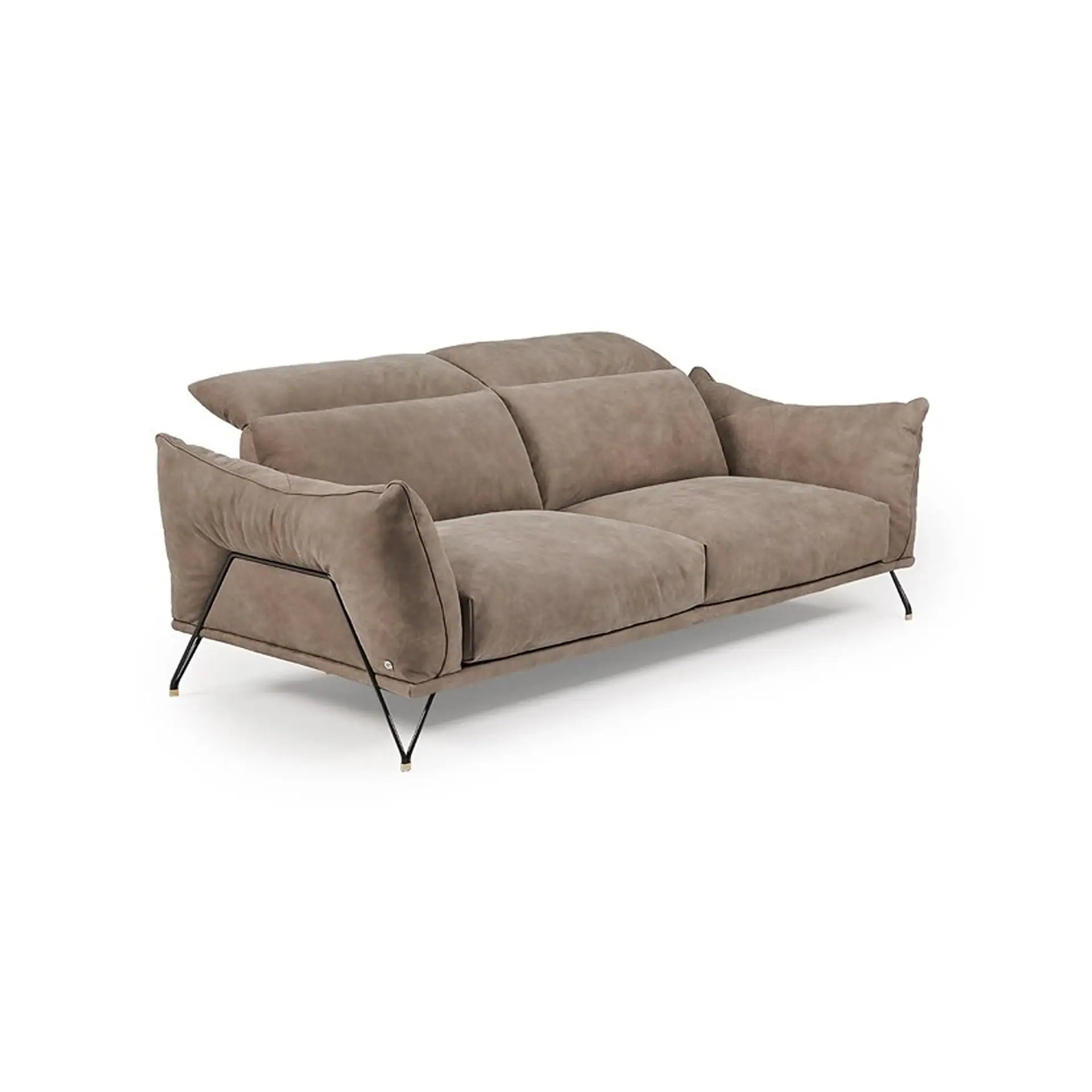A modern two-seater sofa with light brown fabric upholstery and a black metal frame with gold-tipped legs on a white background.