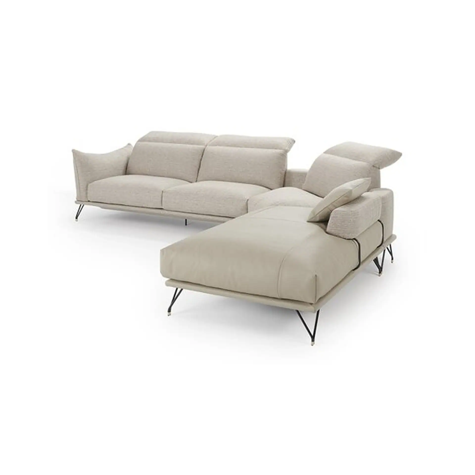 A modern L-shaped sectional sofa with a light beige fabric two-seater and a cream-colored chaise lounge, featuring adjustable headrests and black V-shaped metal legs, on a white background.