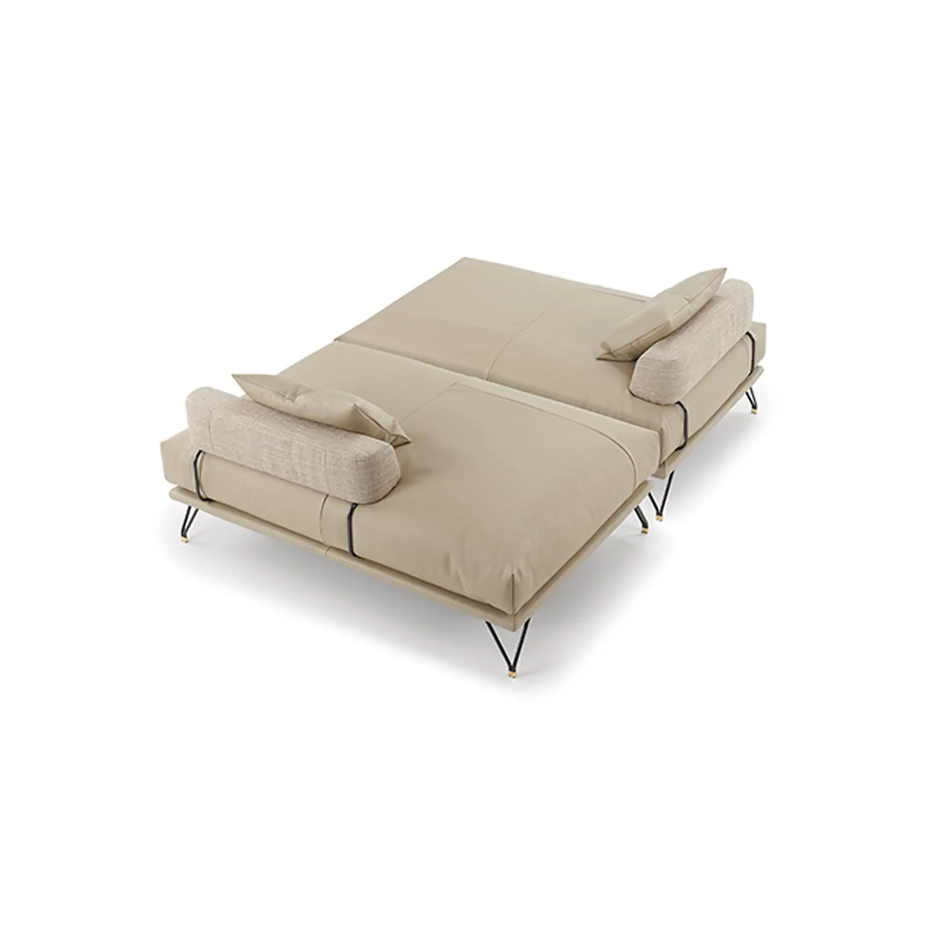 A modern, light beige sofa or daybed with textured armrests and black V-shaped legs on a white background.