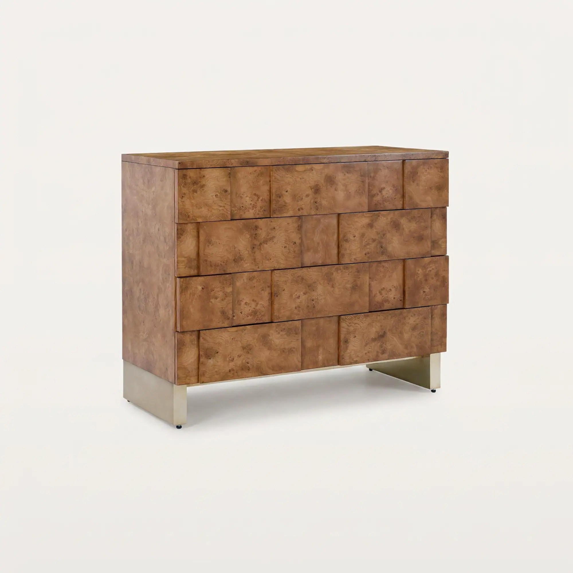 Burl wood chest of drawers with a segmented front and a metallic gold base on a light background.