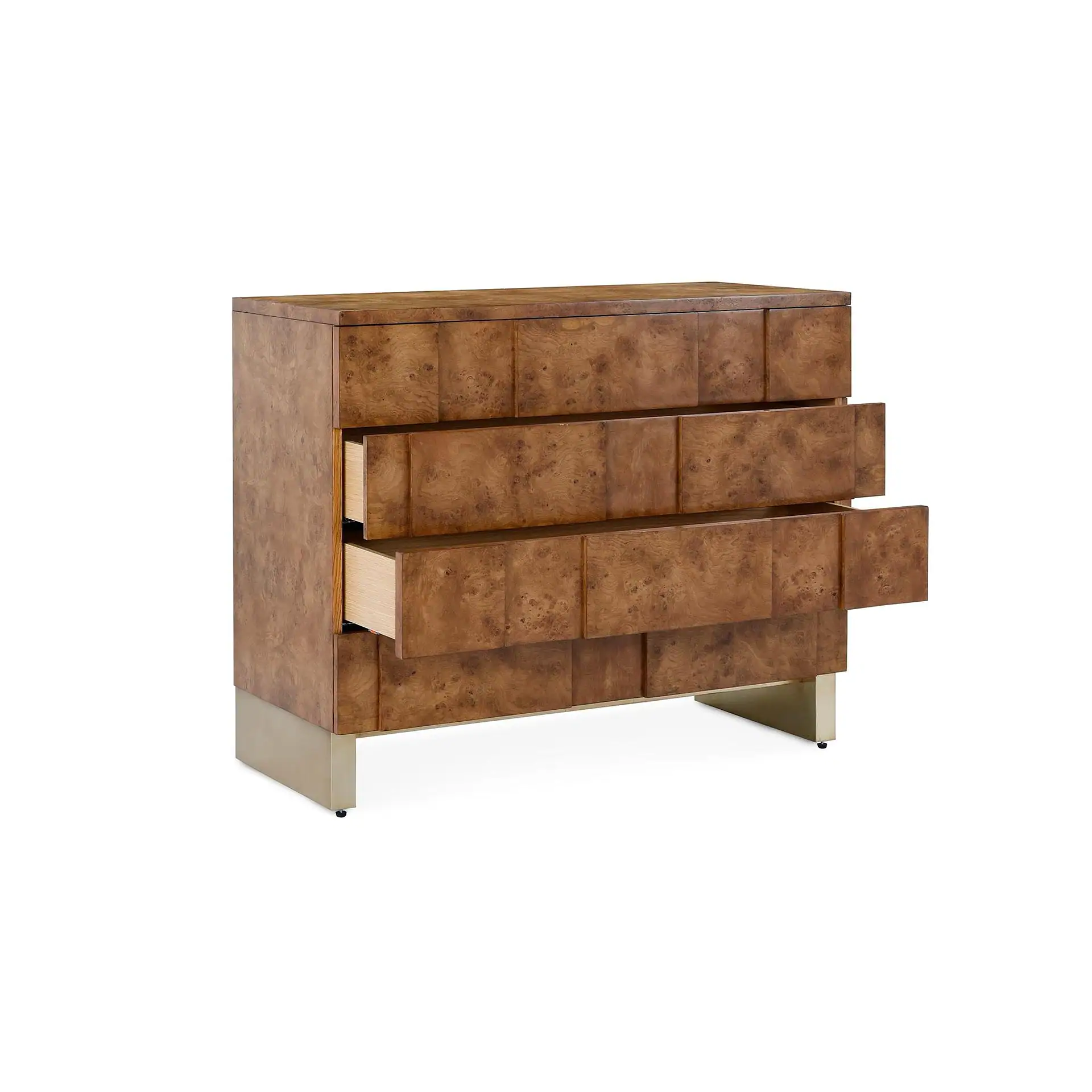 A modern burl wood dresser with three drawers, two of which are partially open, and a brushed metal base, against a white background.