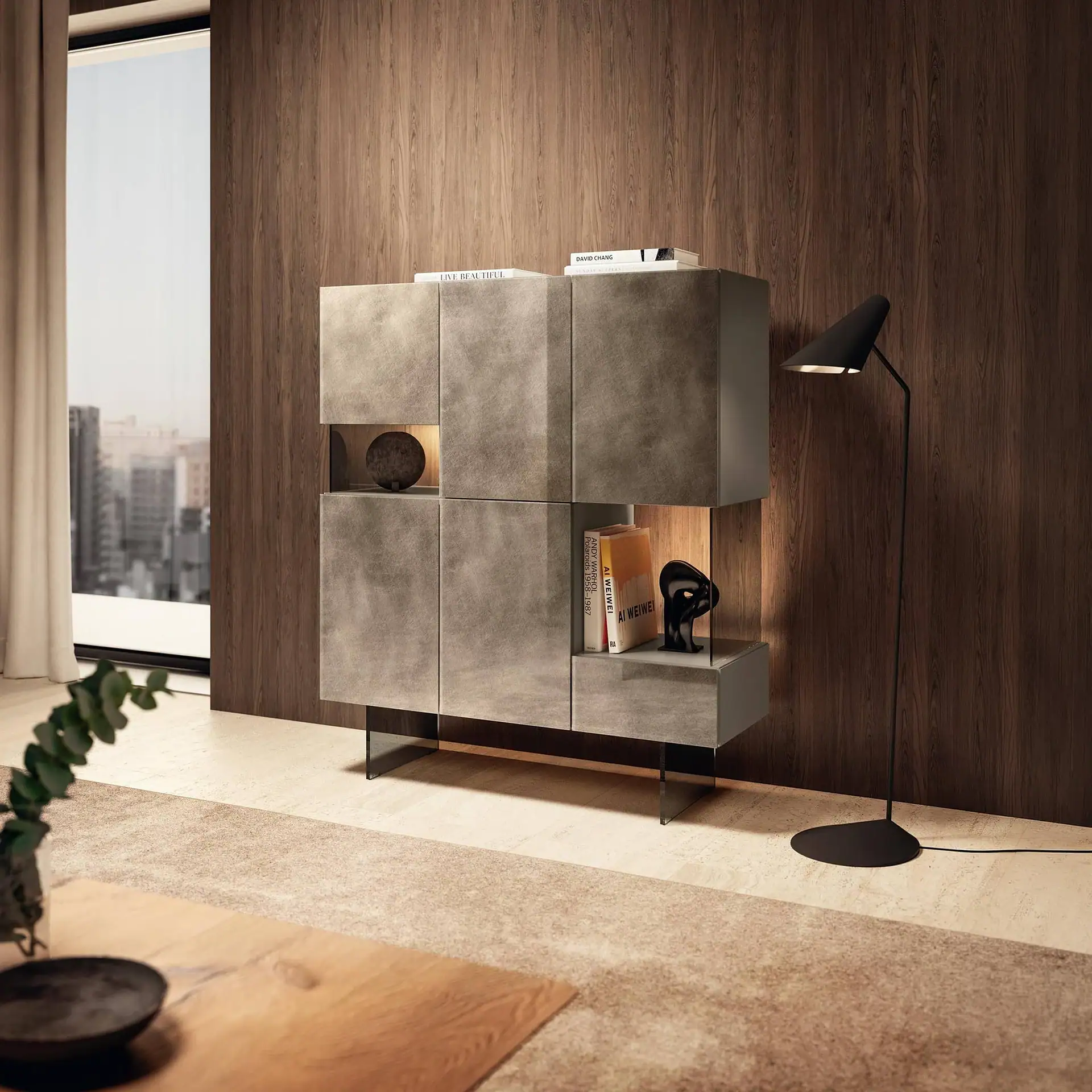 Sklar Furnishings modular sideboard with storage compartments in a modern living room.