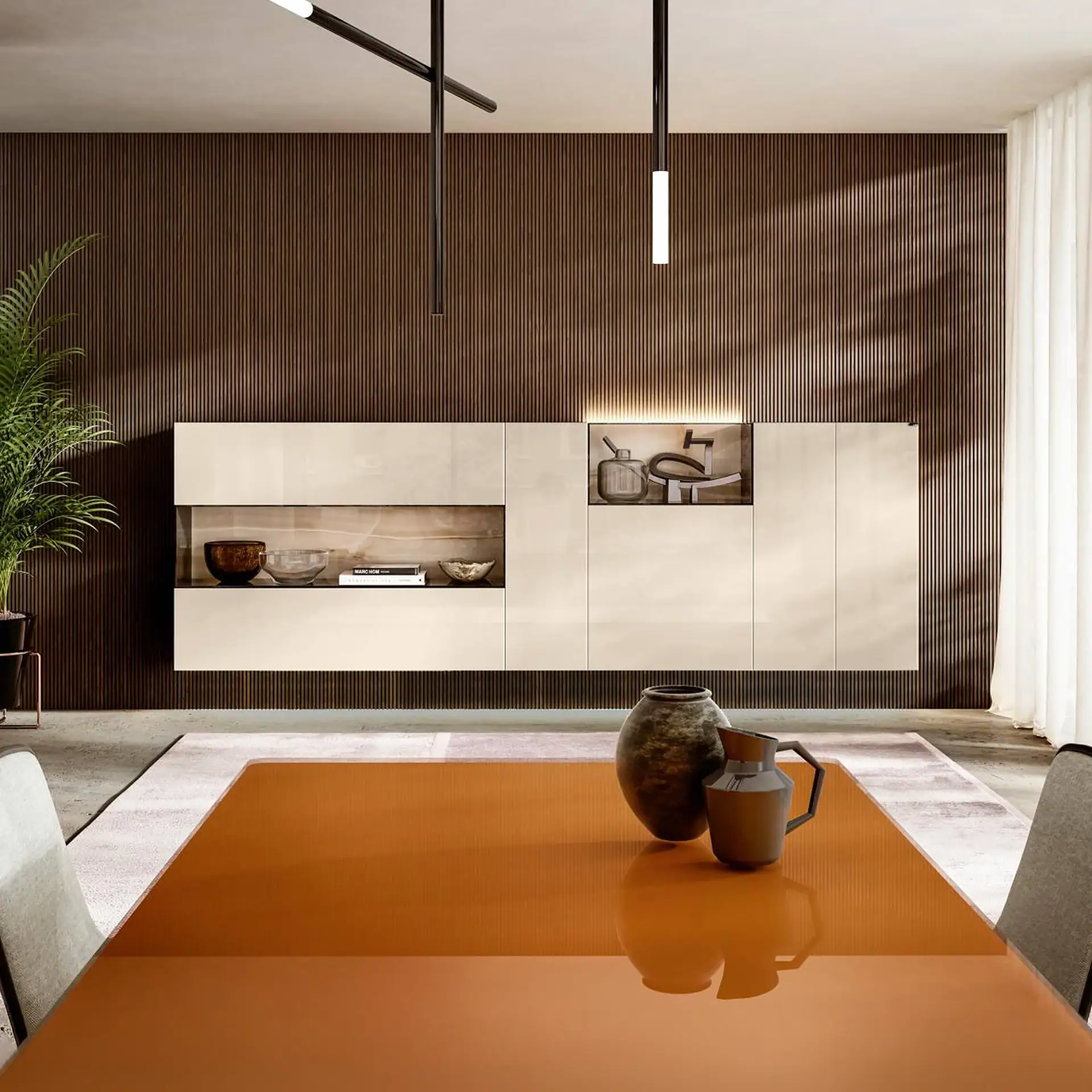 Sklar Furnishings modular sideboard with open shelf and closed cabinets in modern living room.