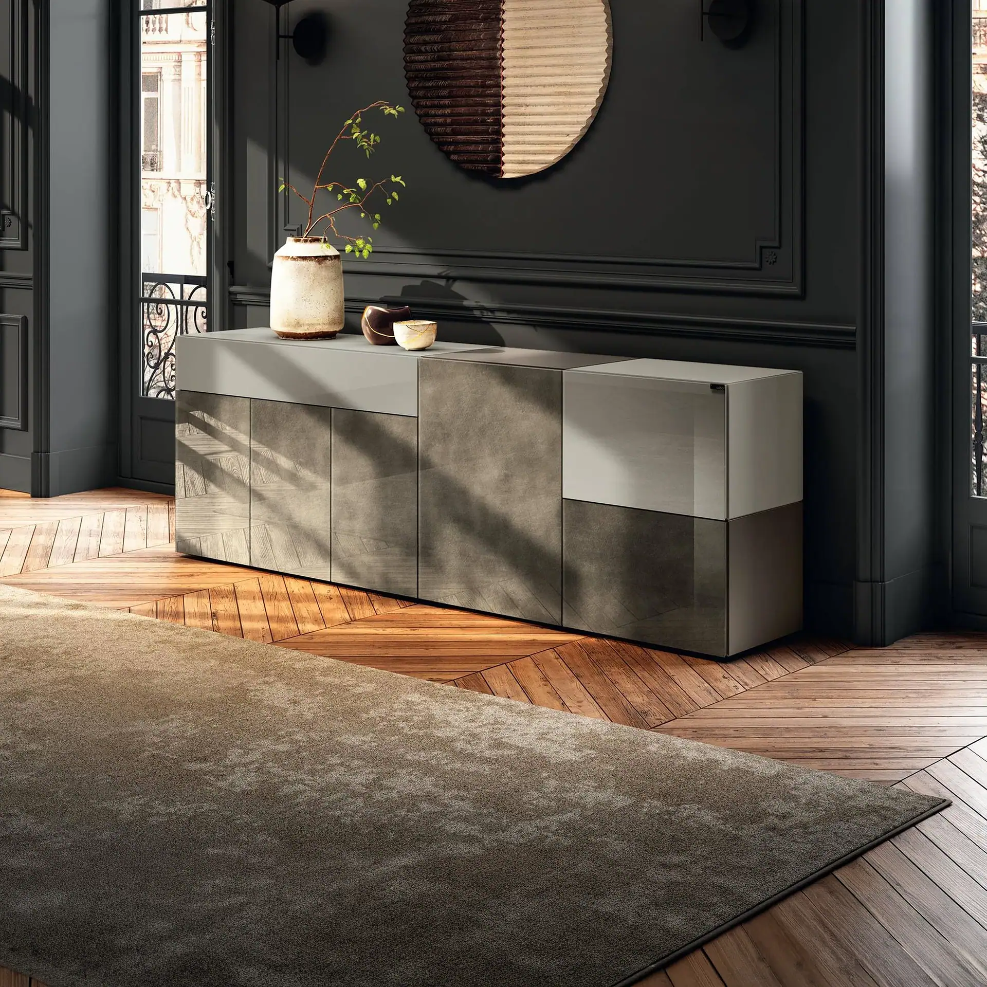 Sklar Furnishings 36e8 modular sideboard in modern living room.