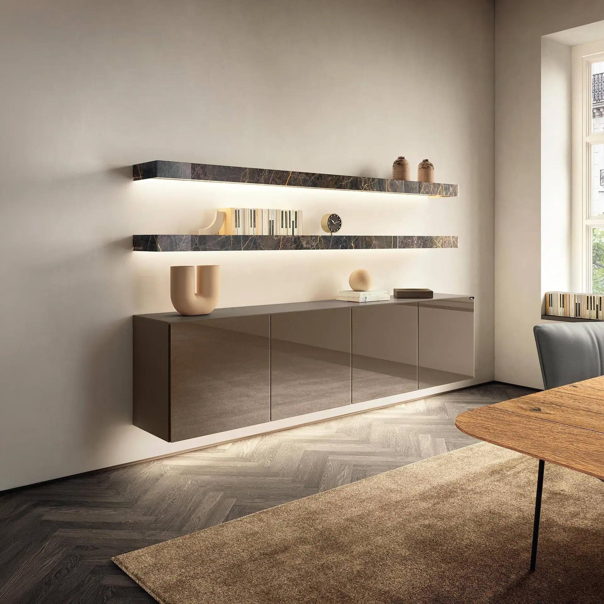 Sklar Furnishings modular sideboard with wall shelves in modern living room.