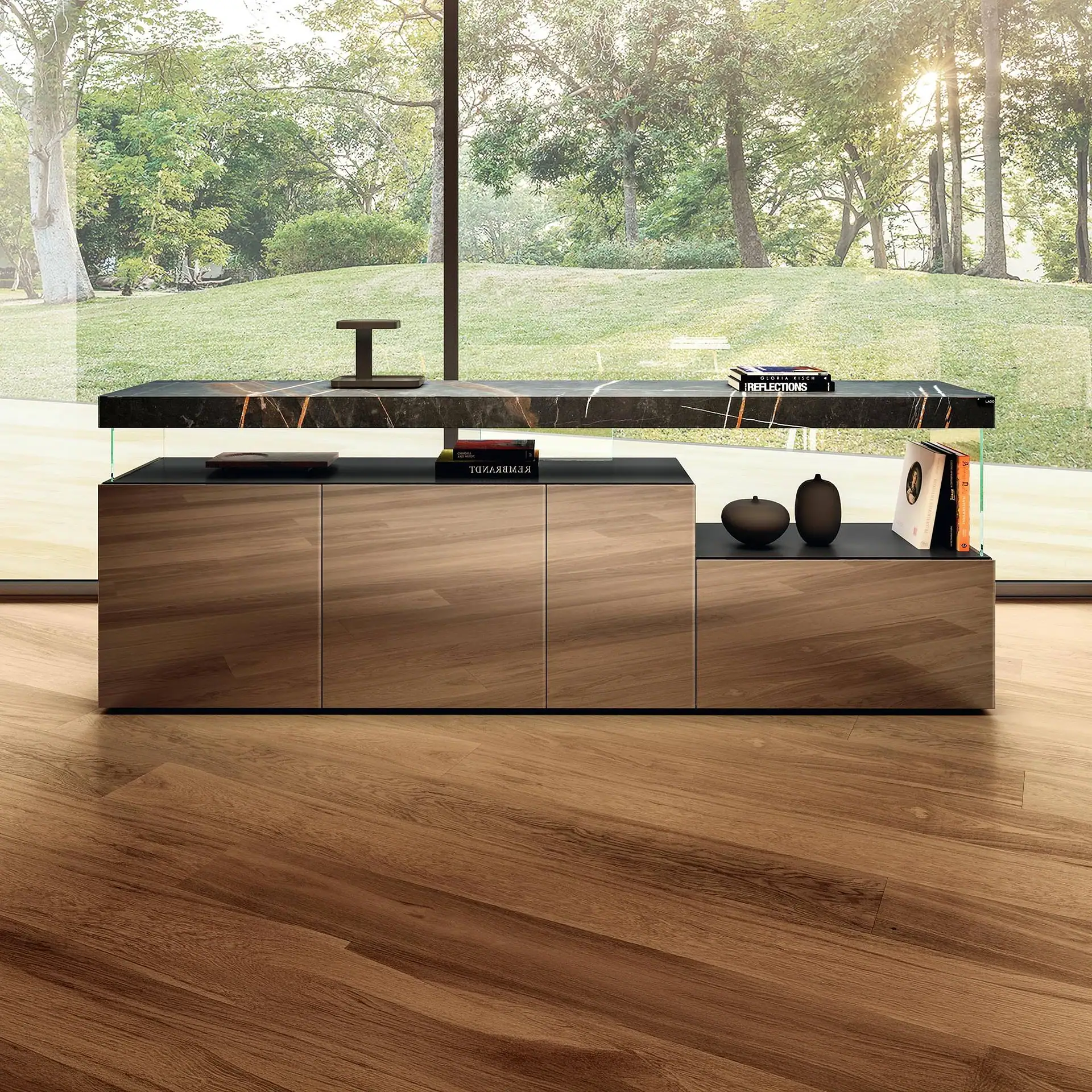 Sklar Furnishings modular sideboard with marble top and wooden base in a modern room.