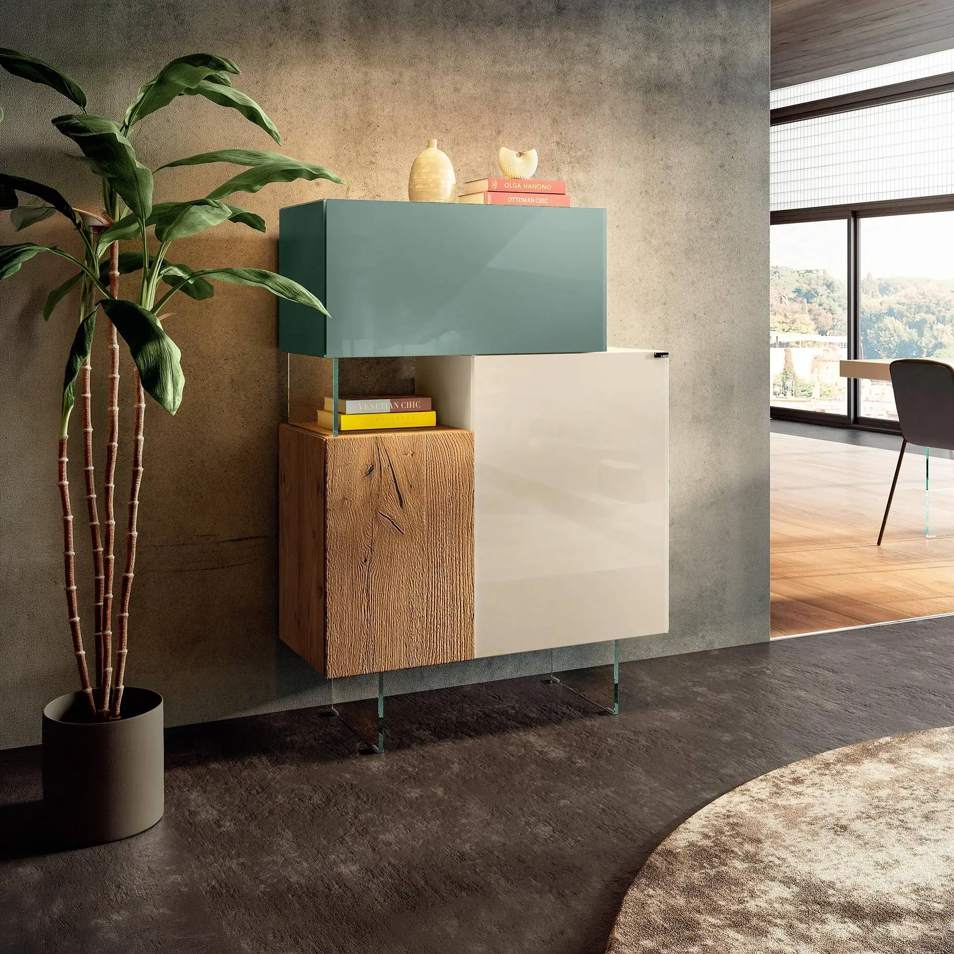 Sklar Furnishings modular sideboard with blue, white, and wood finish in modern living room.
