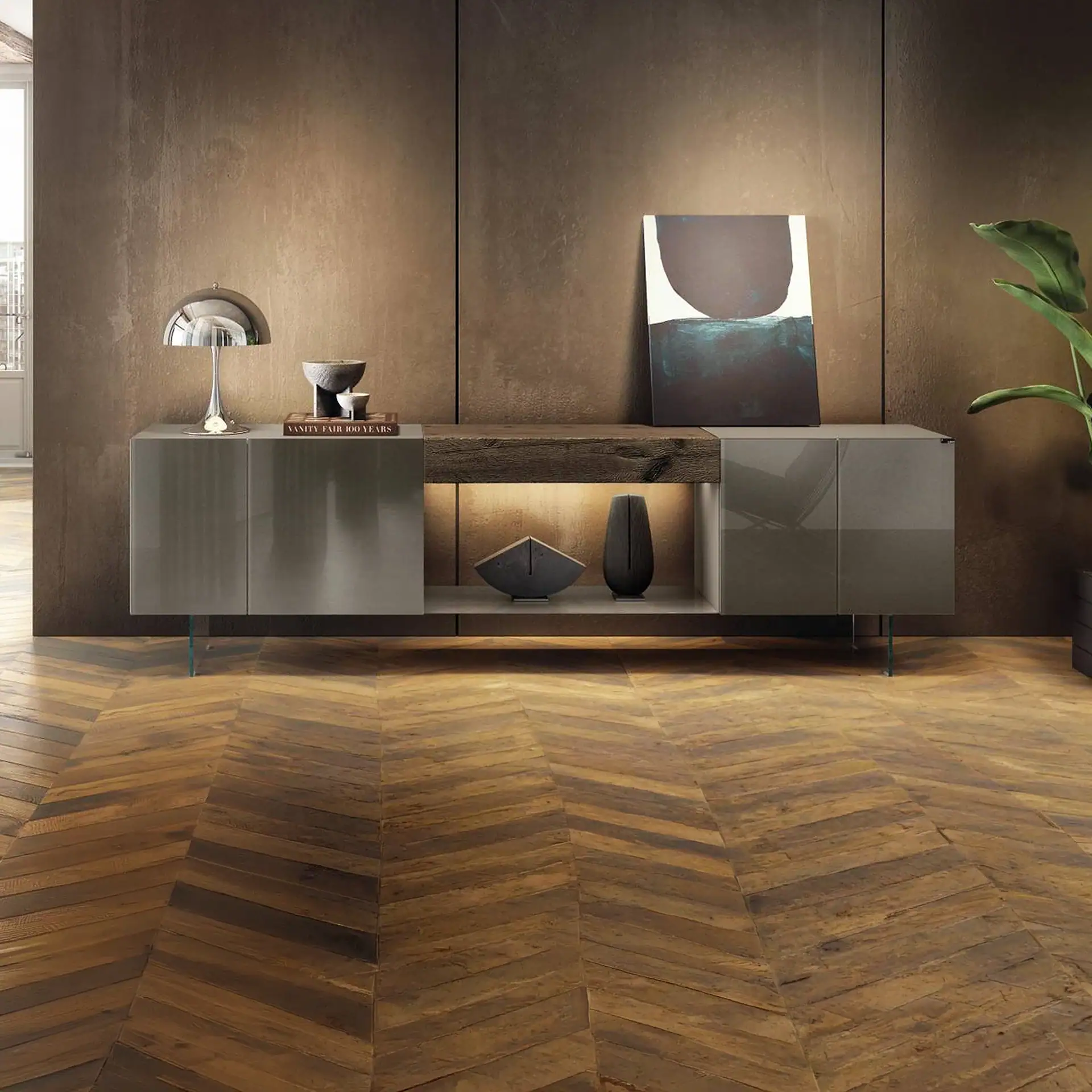 Sklar Furnishings modular sideboard with decorative items in a modern room.