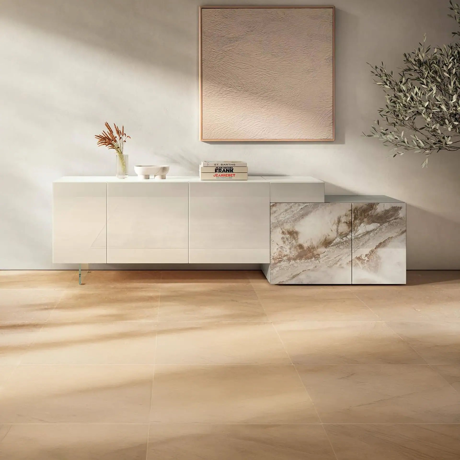 Sklar Furnishings sideboard with marble finish in modern room.