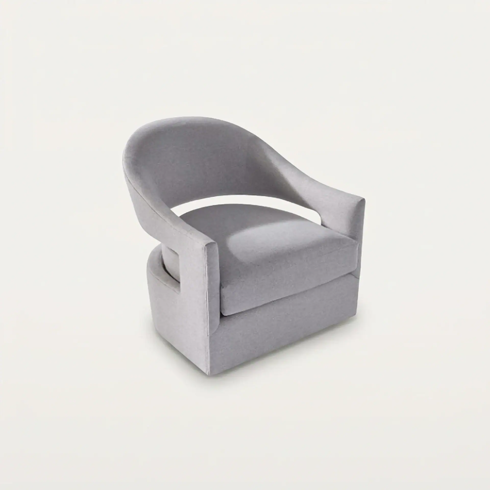 A light gray upholstered swivel armchair with a curved back and armrests on a white background.