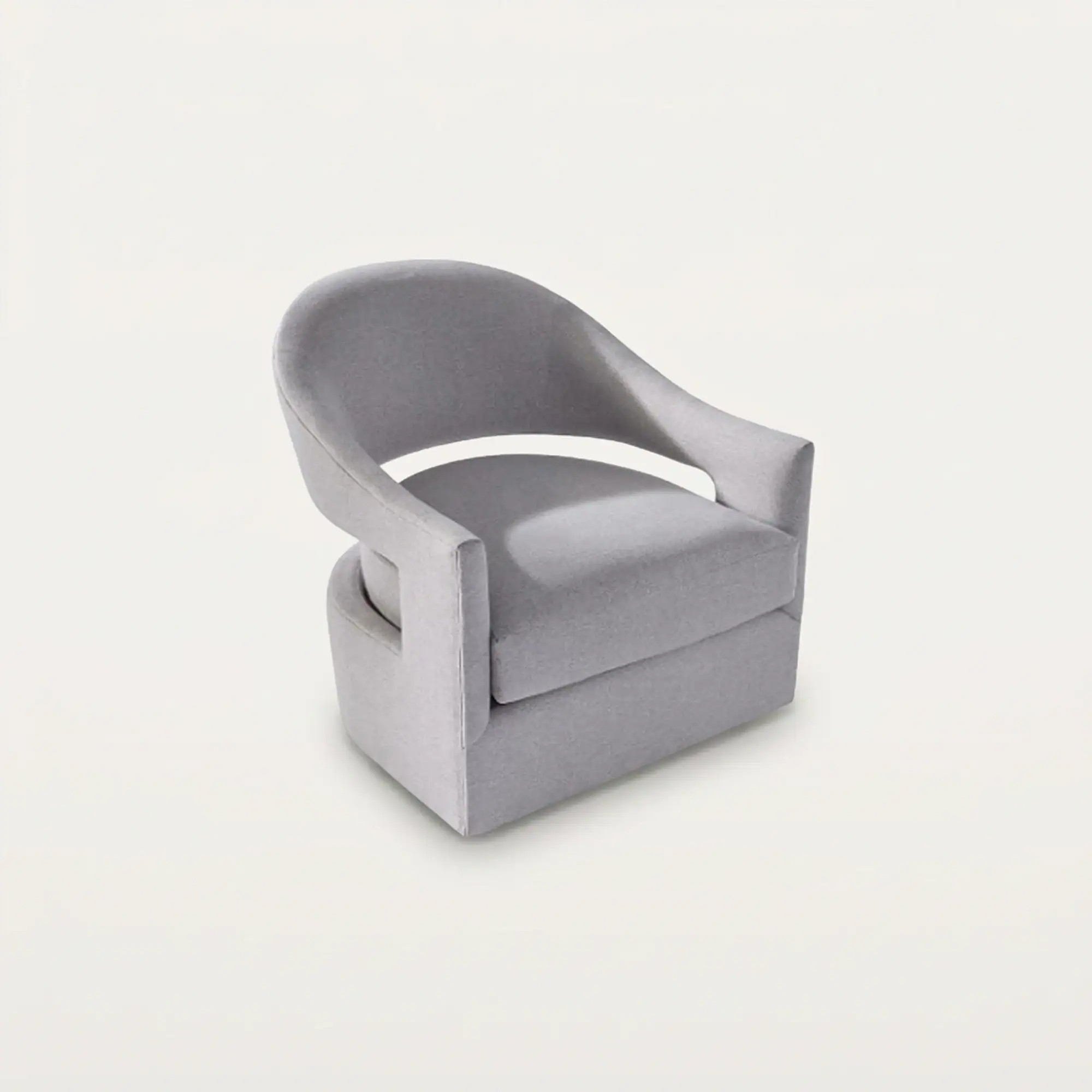 A light gray upholstered swivel armchair with a curved back and armrests on a white background.