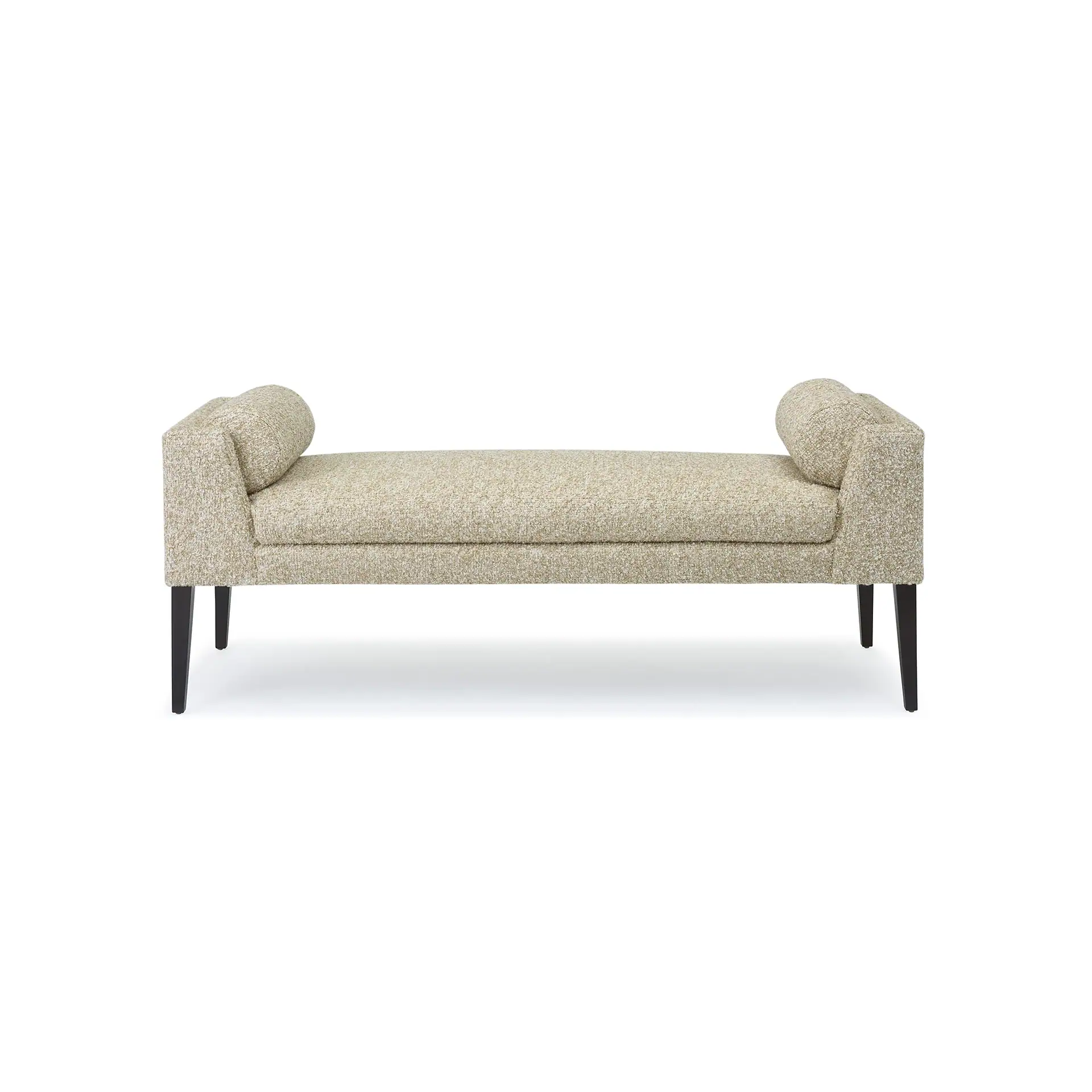A light beige upholstered bench with rolled arms and dark, tapered wooden legs, centered on a white background.