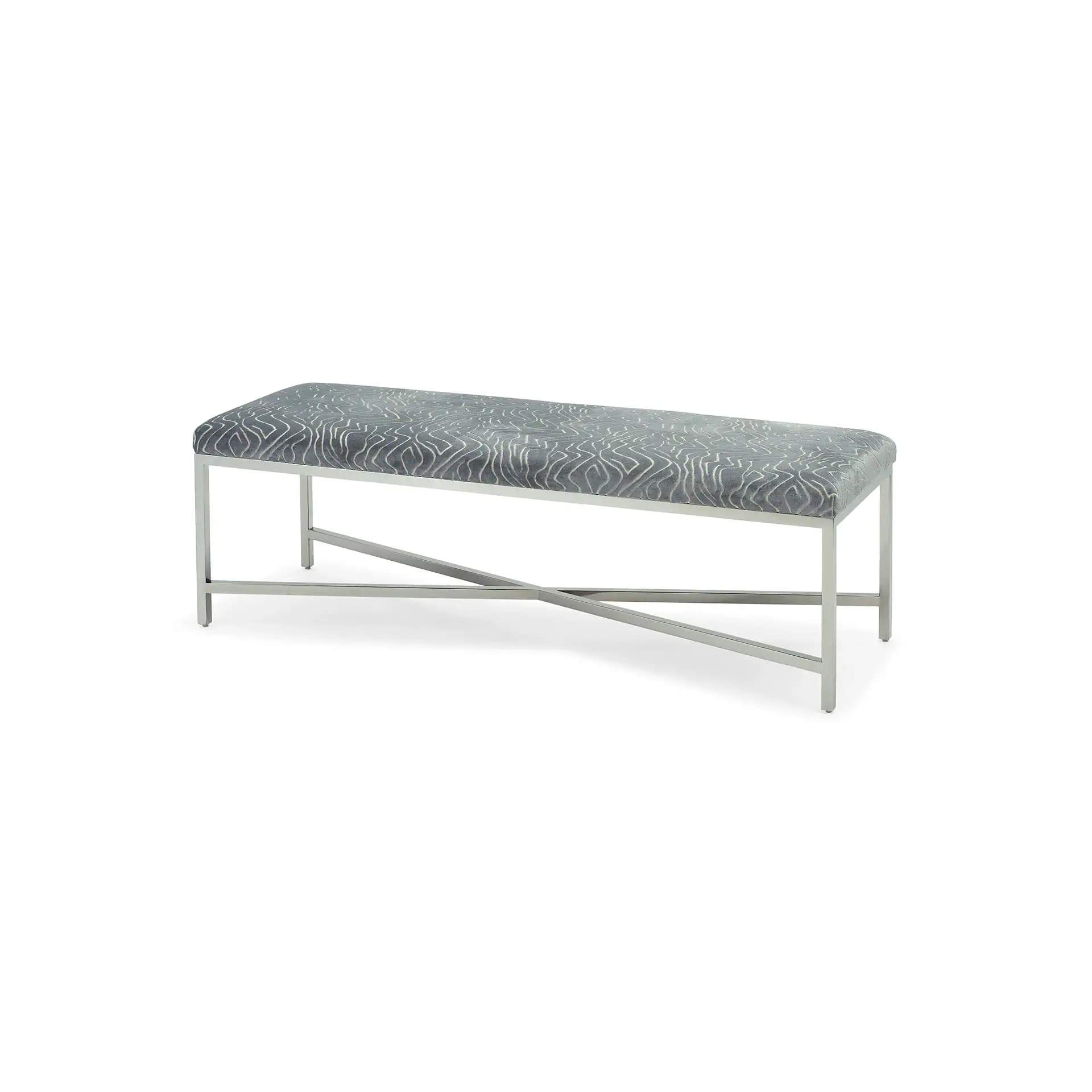 A modern rectangular bench with a dark gray patterned upholstered top and a silver metal frame with an X-shaped crossbar.
