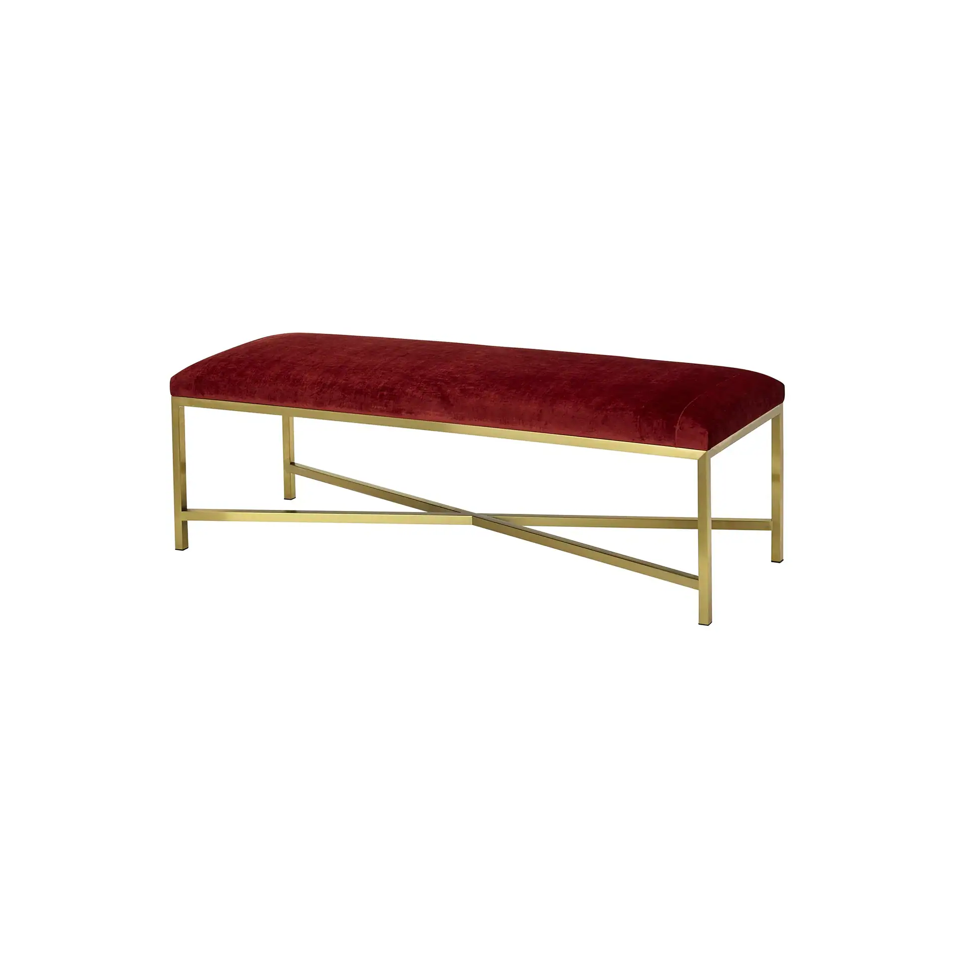 A rectangular deep red velvet bench with a gold metal frame, featuring an 'X' shaped crossbar on the base.