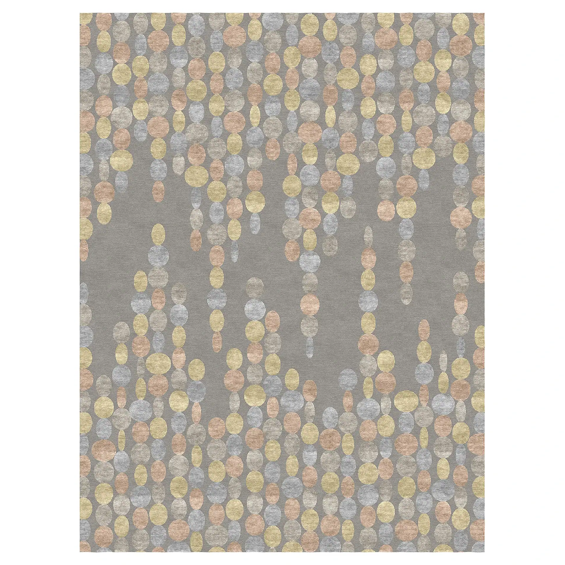 Baubles area rug with multicolored circular pattern on gray background.