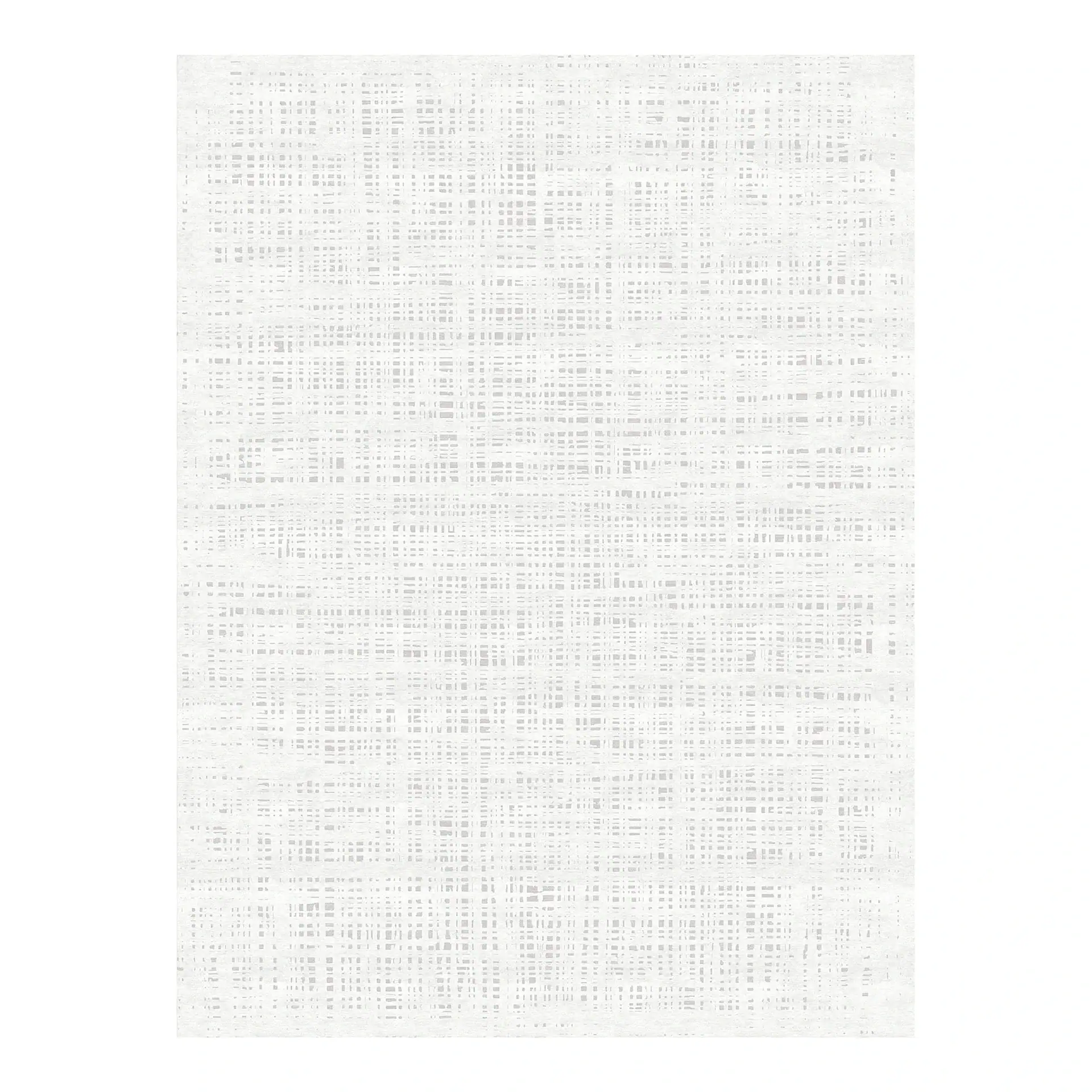 A rectangular white rug with a light gray abstract, irregular grid pattern.