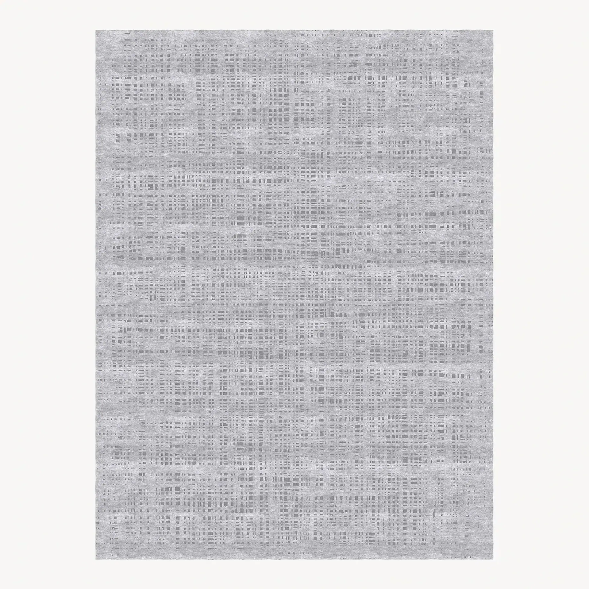 Rectangular gray rug with an irregular, distressed checkered pattern.