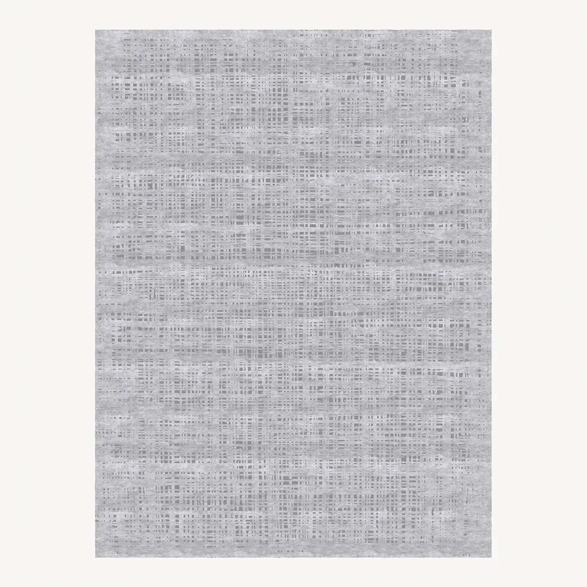 Rectangular gray rug with an irregular, distressed checkered pattern.