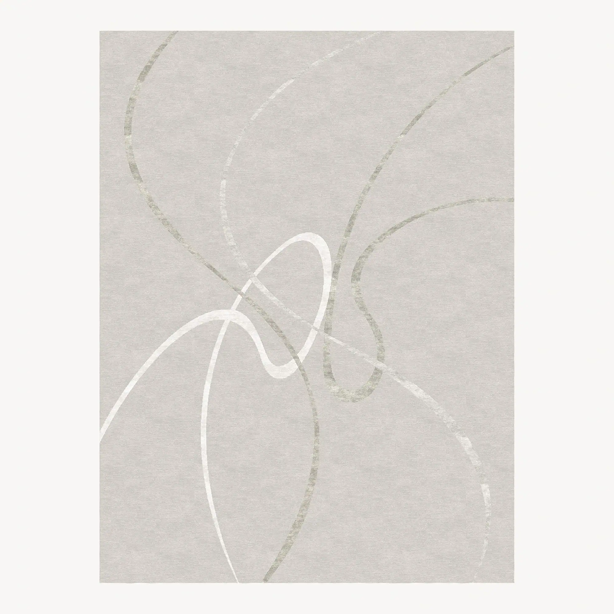 Abstract design with white and light green flowing lines on a textured light gray background.