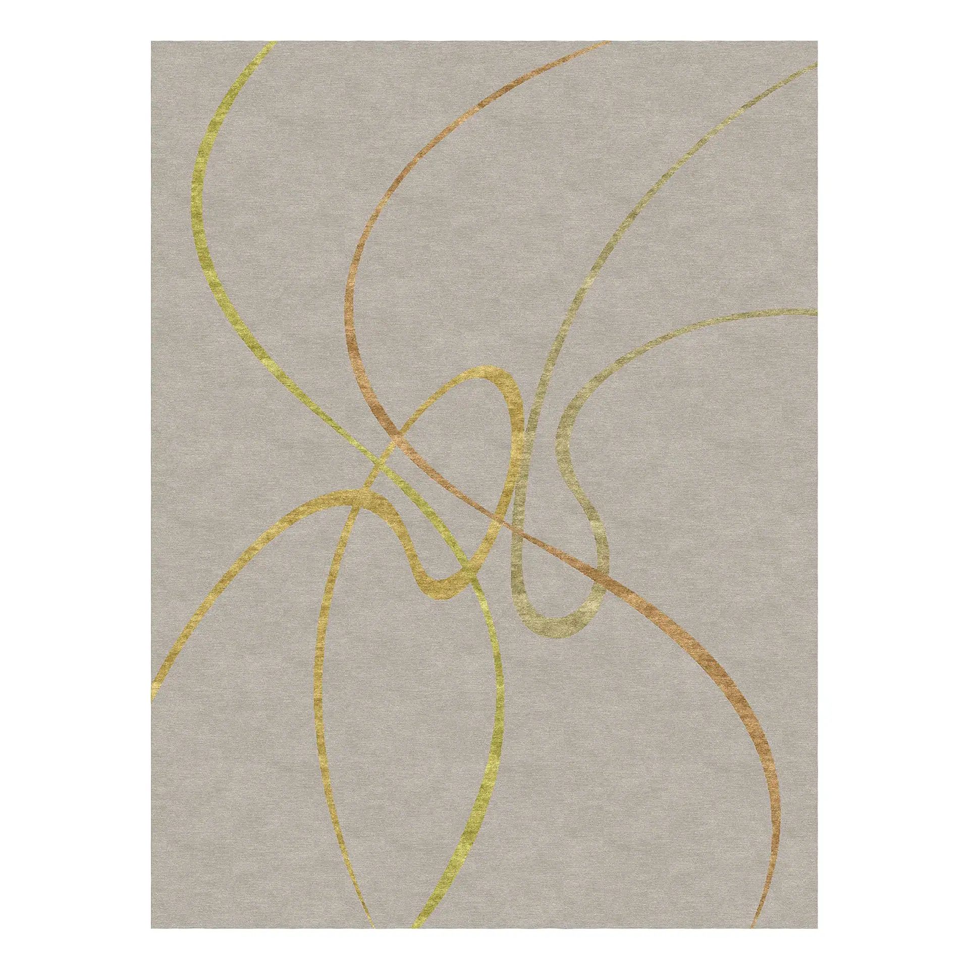 Abstract design with intertwined wavy gold, bronze, and olive green lines on a light gray textured background.