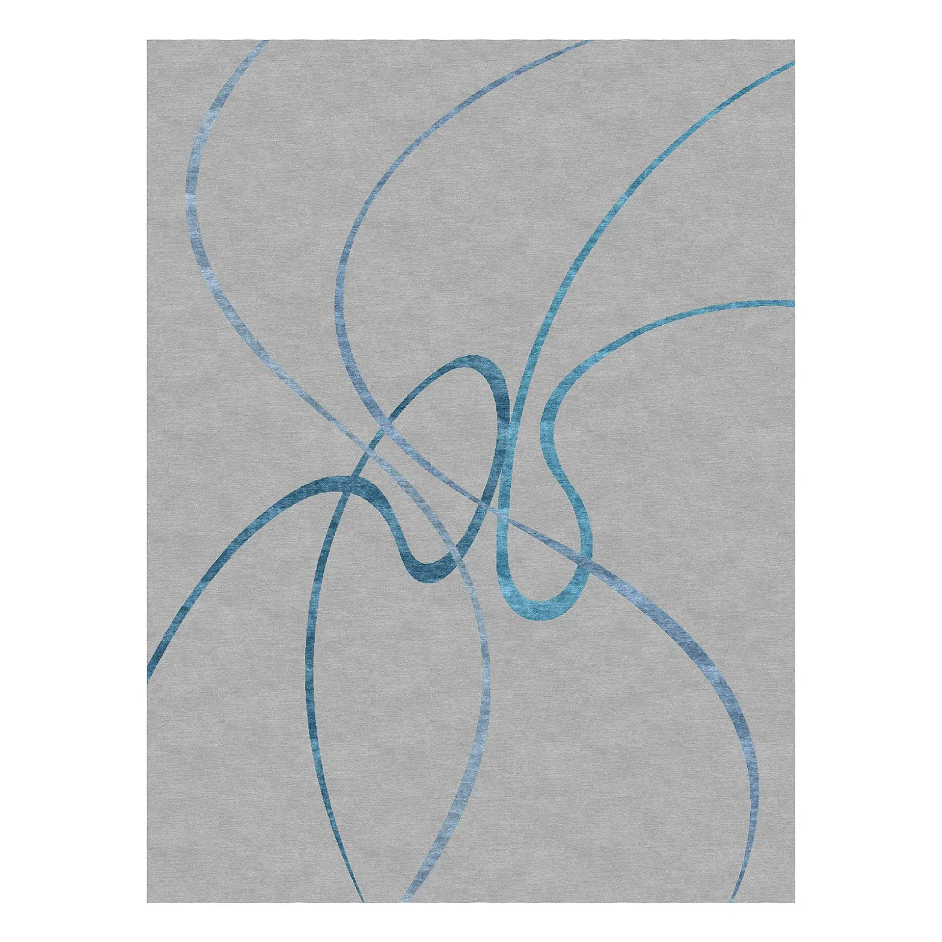 Abstract artwork with wavy blue lines in shades of blue and teal on a textured light gray background.